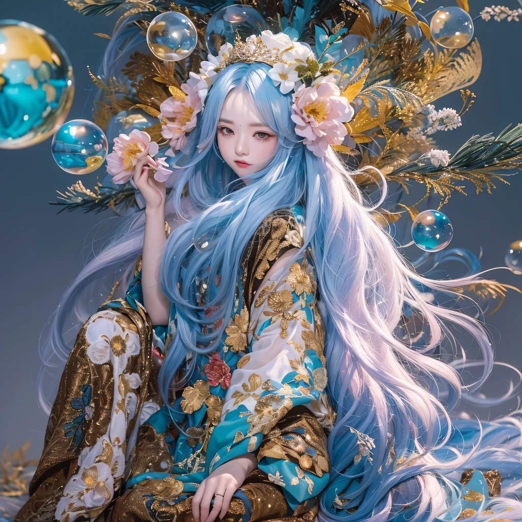 pinkblue colors，enamel，agate，A flesh-colored world，Blood Blue Maiden 32k（masterpiece，HD，Aoyama Pond，Ultra high quality，32k）long flowing bright blue hair，blood pool，Ziddink， a color，Grumpy （After greeting）， （Linen scarf）， fighting stance， looking at the ground， long white hair， Floating bright blue， Fire cloud gold headdress， Chinese long-sleeved gold silk burgundy garment， （Abstract metaverse splash：1.2）， White background，Peony flower vitality protector（realistically：1.4），bright purple hair，Smoke on the road，The background is very pure， high resolution， detail， RAW photos， Sharp Re， Nikon D850 film photo by Jefferies Lee 4 Kodak Portra 400 camera F1.6 guns, colorful, Ultra-realistic and vivid textures, dramatic lighting, Unreal Engine Art Station Trend, Sinest 800，一个有着long flowing bright blue hair的女孩，huge colorful bubbles