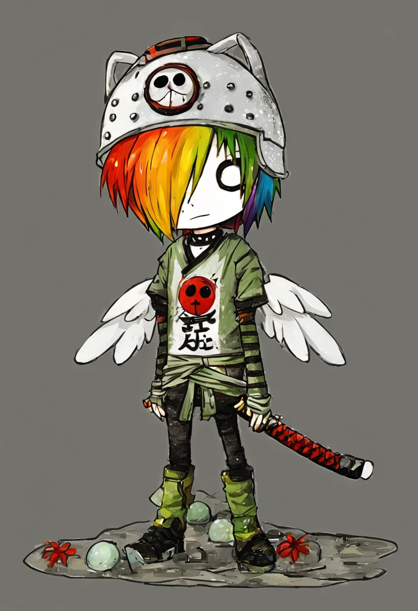 score_9, 2000s emo, solo, full body, hair medium long, hair over one eye, samurai outfit, helmet samurai, on katana, clothed, park mini bmx background, hair, shirt, humanoid, choker, male, winter boots, bangles, rainbow hair, striped, safe, solo, chibi, simple background, clothing, o_o, undead, 1boy hug toy-panda, on wings, localized bike park 