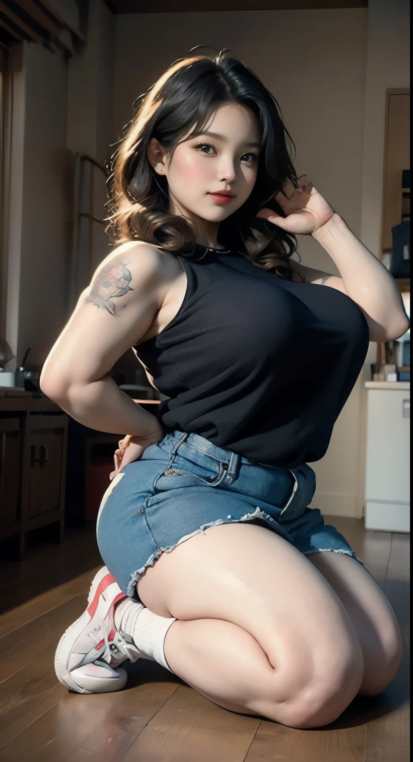 ((best quality)), ((masterpiece)), (detailed), perfect face, ((best quality)), ((masterpiece)), (detailed), perfect face, wanita chubby dewasa, wearing thight dress and thight skirt, chubby cheeks, chubby arm, chubby thighs, big breasts, wearing a sneakers, medium hair style, full body photoshoot, tattooed body , random pose in a dark room , tattooed all over hands, leaning