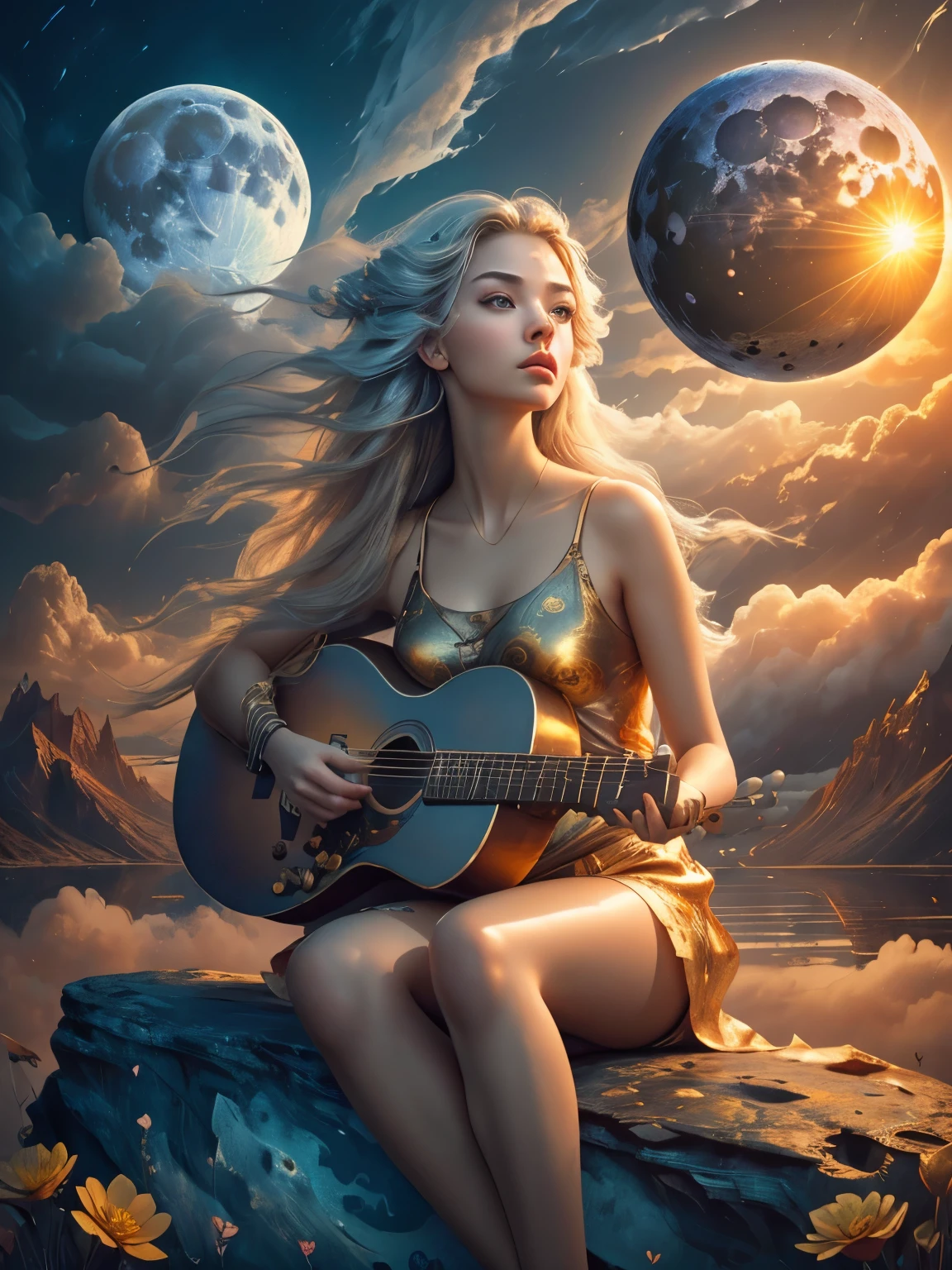 abstract painting art, 8k poster, full body, golden flowers, beautiful girl sitting on the edge of the cliff observing the distant horizon, golden eyes, garden, golden eyes, long hair blown by the wind, front view of female body, bronze hair metallic, red cloud sunset, night light, depth of valley seen from above with a lake and distant mountains, abstract oil painting, a girl well focused on the scene, (((girl plays guitar))), overexposure, overexposure art, surreal art, fantasy, abstract art of a woman in a mountain landscape, 8k poster, full body, gold and silver flowers, evening light, (((girl plays guitar))), (((giant full moon next to the sun, ))), (((musical signs in the clouds))), ((((long hair loose in the air, abstract hair molded into musical symbols, musical score thrown into the clouds, surreal art)))), high 8k resolution poster, gold and silver butterflies, ((short dress, tank top)), ((transparent t-shirt)), ((mini skirt)), ((bare feet) )), ((bare feet) )),