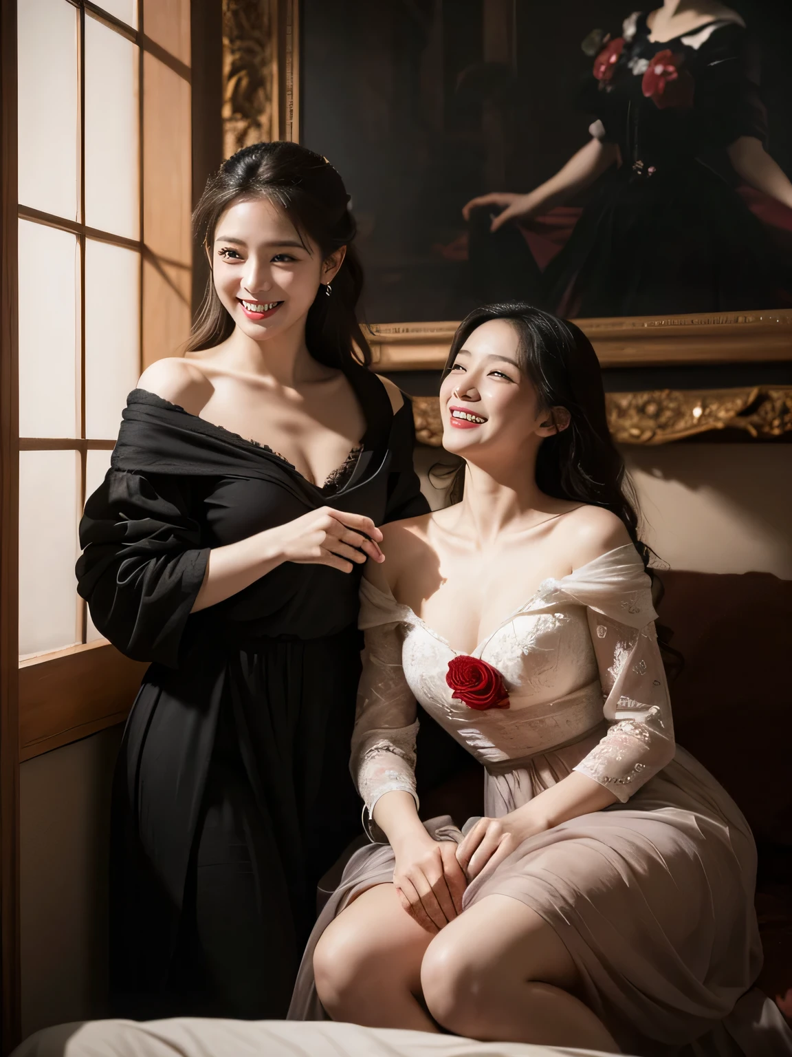 full body portrait ,flower,rose,antique,laughter,,sweet and enchanting appearance.、caravaggio painting、caravaggio&#39;chiaroscuro,Two women having fun,cute smile, expression of ecstasy,sexy