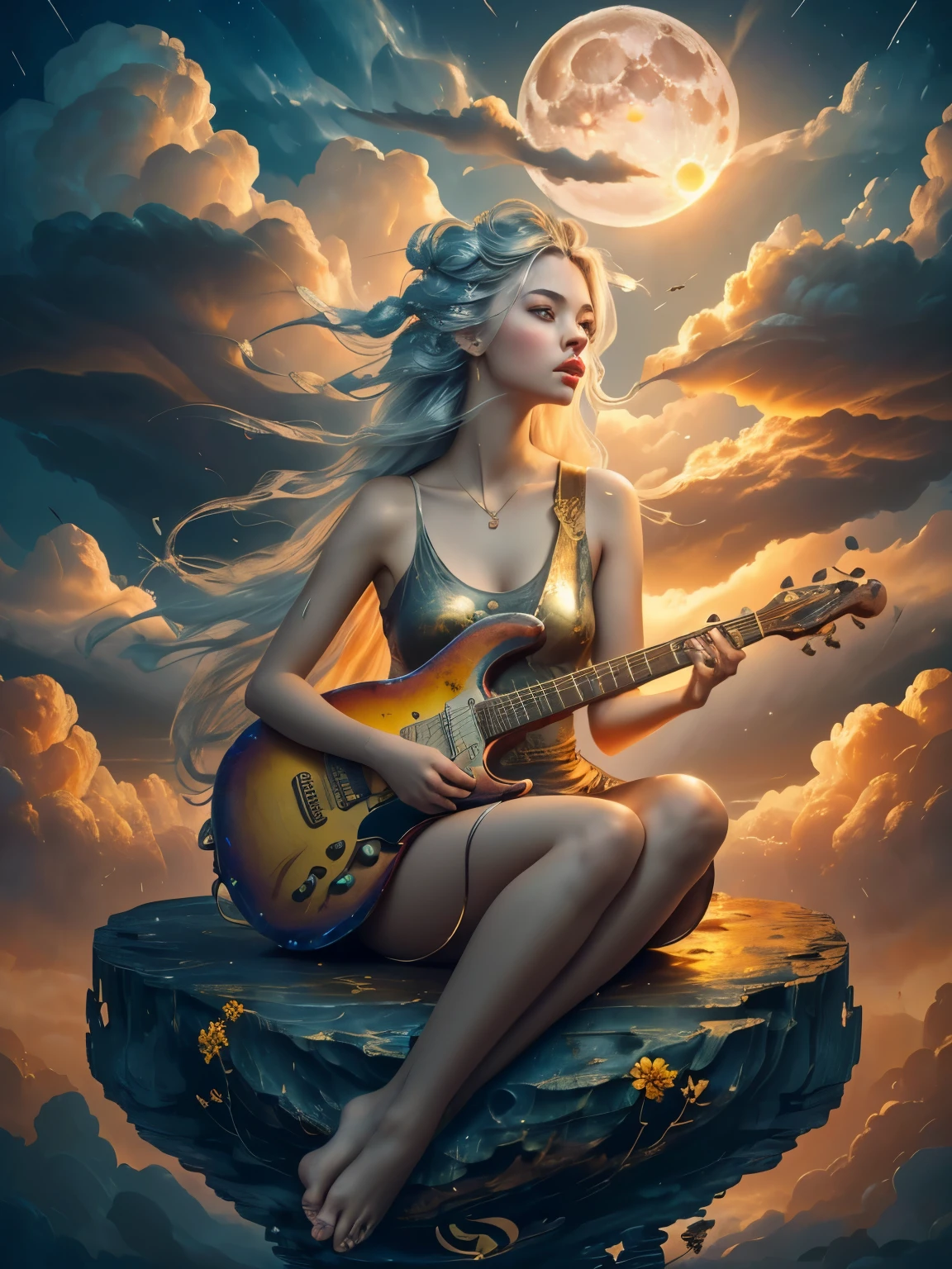 abstract painting art, 8k poster, full body, golden flowers, beautiful girl sitting on the edge of the cliff observing the distant horizon, golden eyes, garden, golden eyes, long hair blown by the wind, front view of female body, bronze hair metallic, red cloud sunset, night light, depth of valley seen from above with a lake and distant mountains, abstract oil painting, a girl well focused on the scene, (((girl plays guitar))), overexposure, overexposure art, surreal art, fantasy, abstract art of a woman in a mountain landscape, 8k poster, full body, gold and silver flowers, evening light, (((girl plays guitar))), (((giant full moon next to the sun, ))), (((musical signs in the clouds))), ((((long hair loose in the air, abstract hair molded into musical symbols, musical score thrown into the clouds, surreal art)))), high 8k resolution poster, gold and silver butterflies, ((short dress, tank top)), ((transparent t-shirt)), ((mini skirt)), ((bare feet) )), ((bare feet) )),