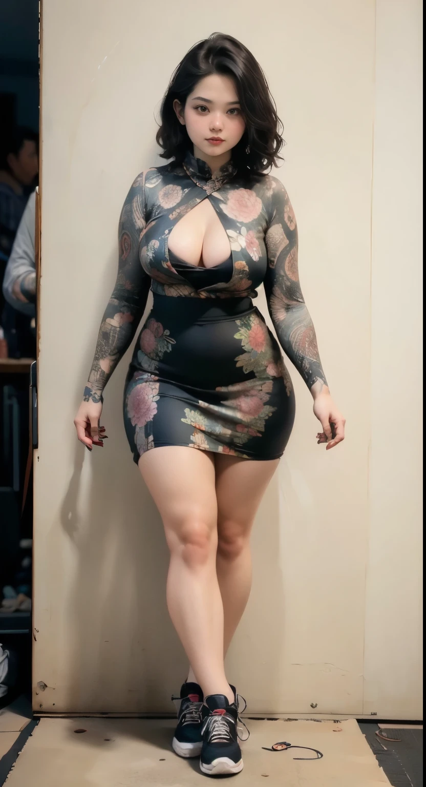 ((best quality)), ((masterpiece)), (detailed), perfect face, ((best quality)), ((masterpiece)), (detailed), perfect face, wanita chubby dewasa, wearing thight dress and thight skirt, chubby cheeks, chubby arm, chubby thighs, big breasts, wearing a sneakers, medium hair style, full body photoshoot, tattooed body , walk pose in a dark room , tattooed all over hands