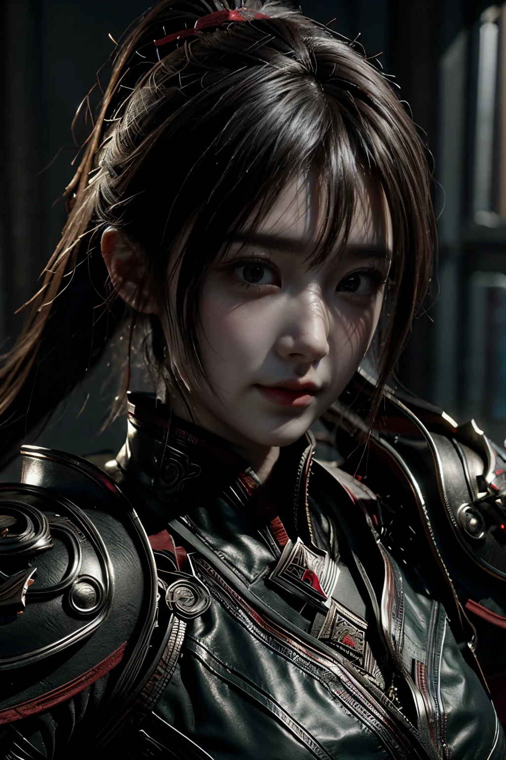 Game art，The best picture quality，Highest resolution，8K，(A bust photograph)，(Portrait:1.5)，(Head close-up)，(Rule of thirds)，Unreal Engine 5 rendering works， (The Girl of the Future)，(Female Warrior)， 
20岁少女，An eye rich in detail，(Big breasts)，优雅高贵，冷漠，勇敢的，
(Future style combat suit combining the characteristics of ancient armor，Ancient runes of light，Combat accessories with rich details，Metallic luster)，Future police，赛博朋克人物，

拍照姿势，简单背景，Movie lights，Ray tracing，Game CG，((3D Unreal Engine))，oc渲染反射纹