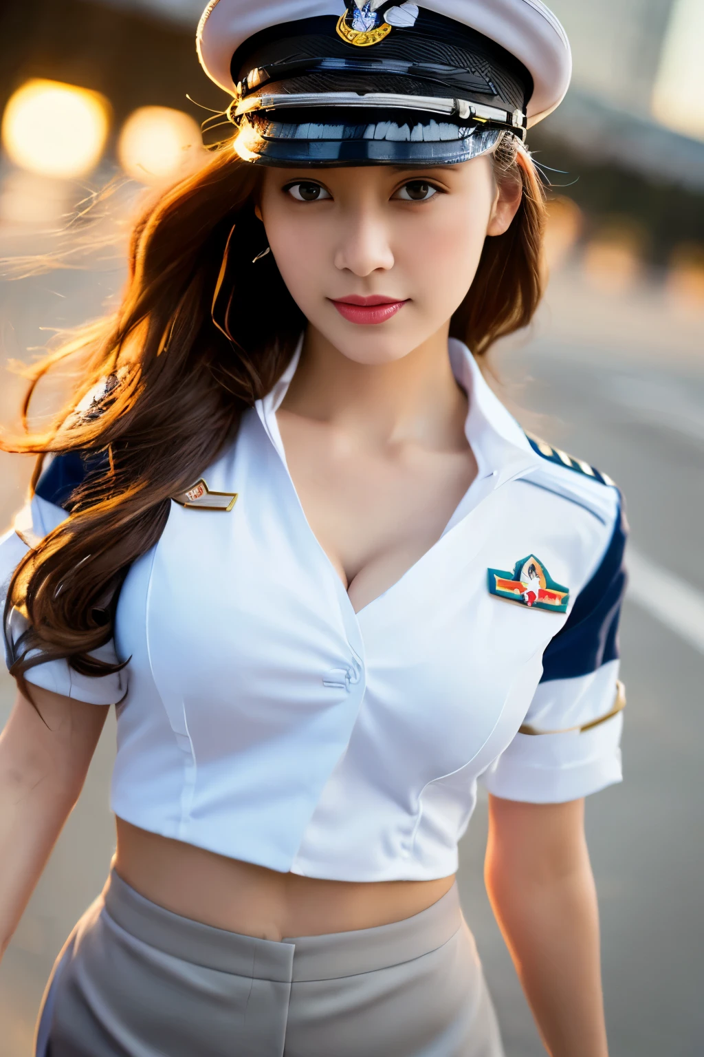 (Best quality, 8k, 32k, Masterpiece, UHD:1.2), (realistic:1.5), (masterpiece, Extremely detailed CG unity 8k wallpaper, best quality, highres:1.2), (ultra detailed, UHD:1.2), Photo of extremely cute and beautiful Japanese woman, (chestnut half-up hair:1.2), adult, (detailed beautiful girl:1.4), best quality, woman, adult, (pilot captain uniform:1.3), (white pilot captain shirt:1.5), (black high-waist shorts:1.3), (Beautiful night racing circuit view background:1.2), embarrassed laughing:1, looking at viewer, facing the viewer, ((perfect female body)), (narrow waist:1.2), (upper body image:1.3), slender, abs, (large breasted:1.25), frame the head,