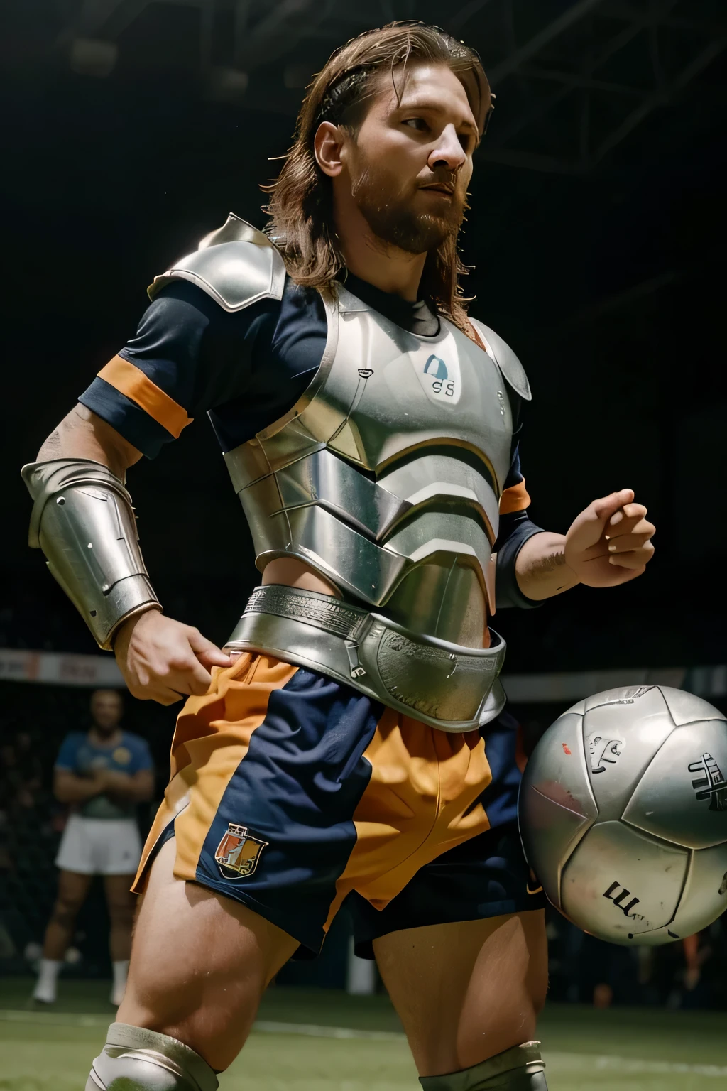 uma imagem do jogador Lionel Messi com armadura de guerreiro gladiador, na cor laranja flosforecente como se tivesse saido de uma batalha. The background is a mixture of a coliseum and camp nou. Ultrarealista, 8k HD, Canon 8000