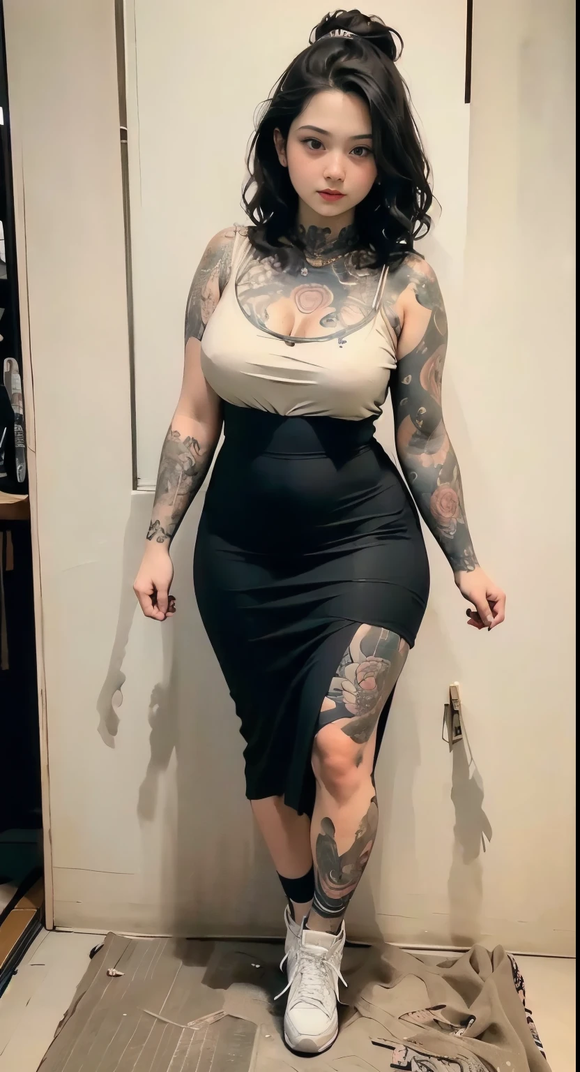 ((best quality)), ((masterpiece)), (detailed), perfect face, ((best quality)), ((masterpiece)), (detailed), perfect face, wanita chubby dewasa, wearing thight dress and thight skirt, chubby cheeks, chubby arm, chubby thighs, big breasts, wearing a sneakers, medium hair style, full body photoshoot, tattooed body , walk pose in a dark room , tattooed all over hands