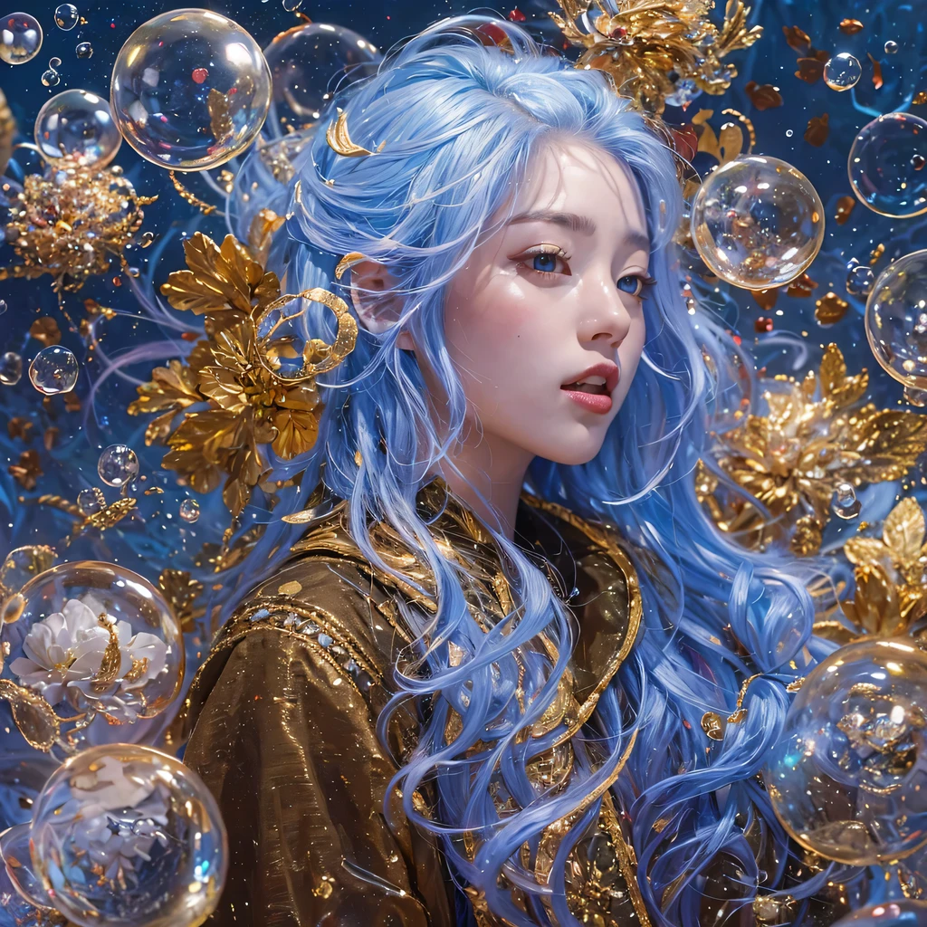pinkblue colors，enamel，agate，A flesh-colored world，Blood Blue Maiden 32k（masterpiece，HD，Aoyama Pond，Ultra high quality，32k）long flowing bright blue hair，blood pool，Ziddink， a color，Grumpy （After greeting）， （Linen scarf）， fighting stance， looking at the ground， long white hair， Floating bright blue， Fire cloud gold headdress， Chinese long-sleeved gold silk burgundy garment， （Abstract metaverse splash：1.2）， White background，Peony flower vitality protector（realistically：1.4），bright purple hair，Smoke on the road，The background is very pure， high resolution， detail， RAW photos， Sharp Re， Nikon D850 film photo by Jefferies Lee 4 Kodak Portra 400 camera F1.6 guns, colorful, Ultra-realistic and vivid textures, dramatic lighting, Unreal Engine Art Station Trend, Sinest 800，一个有着long flowing bright blue hair的女孩，huge colorful bubbles