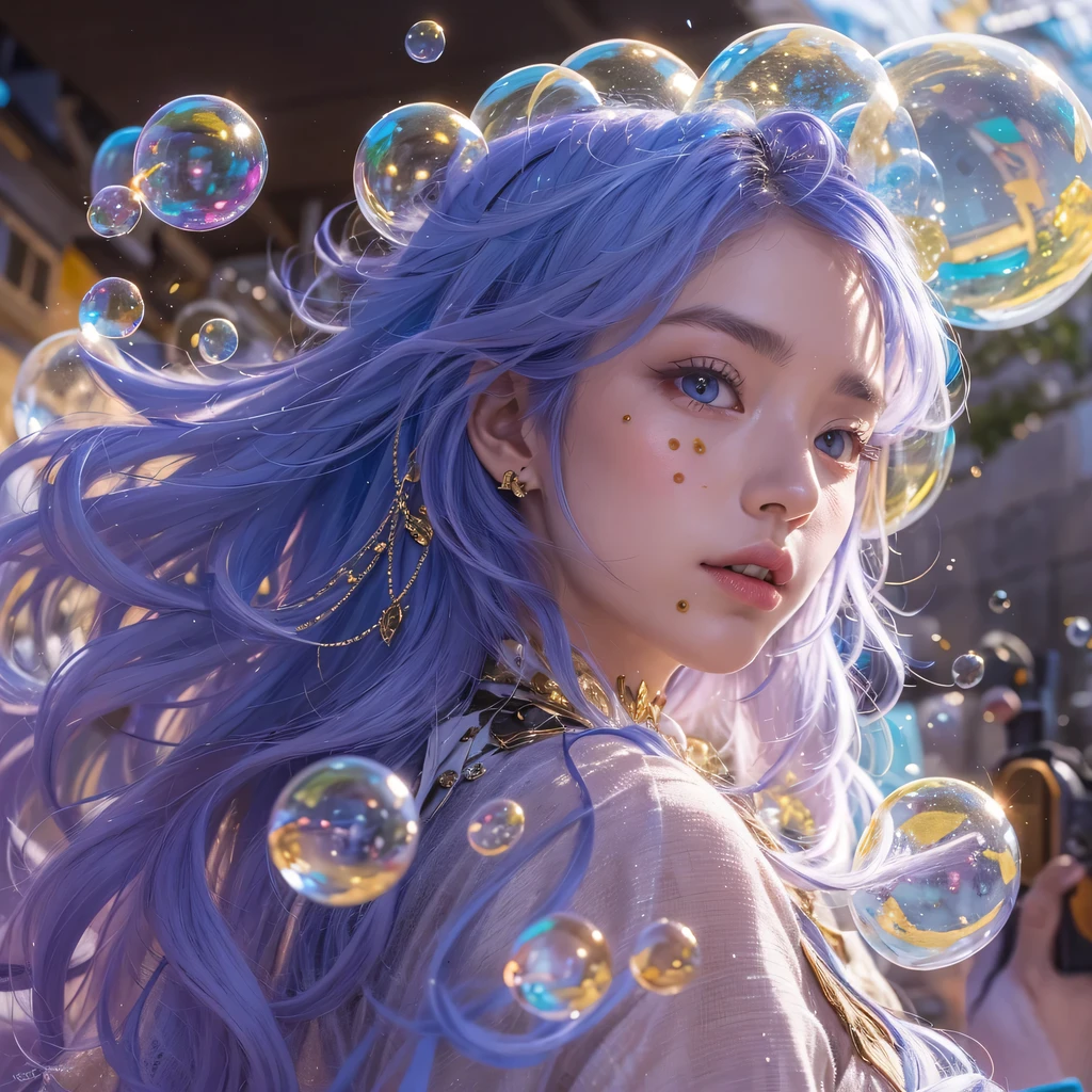 pinkblue colors,enamel,agate,A flesh-colored world,Blood Blue Maiden 32k(masterpiece,HD,Aoyama Pond,Ultra high quality,32k)long flowing bright blue hair,blood pool,Ziddink, a color,Grumpy (After greeting), (Linen scarf), fighting stance, looking at the ground, long white hair, Floating bright blue, Fire cloud gold headdress, Chinese long-sleeved gold silk burgundy garment, (Abstract metaverse splash:1.2), White background,Peony flower vitality protector(realistically:1.4),bright purple hair,Smoke on the road,The background is very pure, high resolution, detail, RAW photos, Sharp Re, Nikon D850 film photo by Jefferies Lee 4 Kodak Portra 400 camera F1.6 guns, colorful, Ultra-realistic and vivid textures, dramatic lighting, Unreal Engine Art Station Trend, Sinest 800,一个有着long flowing bright blue hair的女孩,huge colorful bubbles