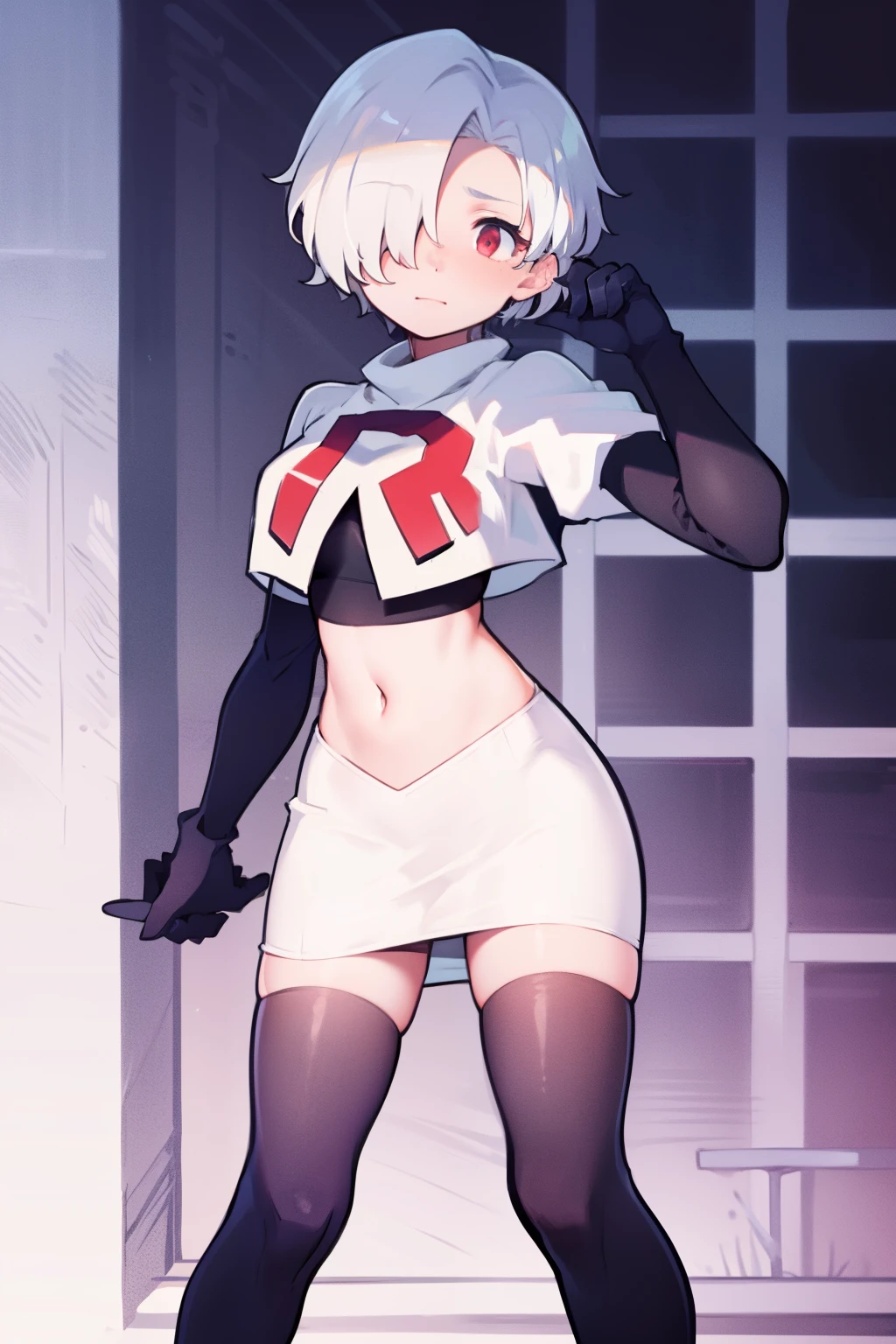 1girl, Standing, Portrait, 独奏, hair above one eye, Short hair, team rocket,team rocket uniform,white skirt,red letter R,crop top,black thigh-highs,black elbow gloves