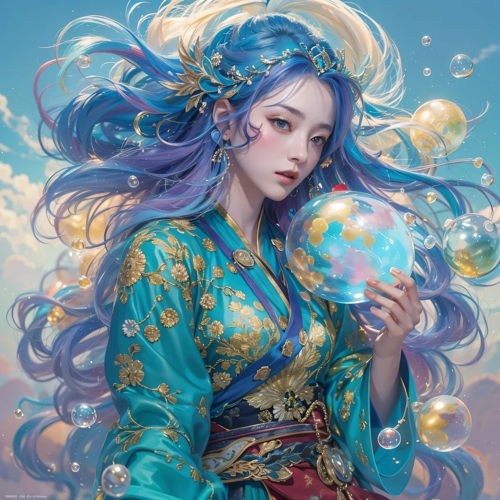 pinkblue colors,enamel,agate,A flesh-colored world,Blood Blue Maiden 32k(masterpiece,HD,Aoyama Pond,Ultra high quality,32k)long flowing bright blue hair,blood pool,Ziddink, a color,Grumpy (After greeting), (Linen scarf), fighting stance, looking at the ground, long white hair, Floating bright blue, Fire cloud gold headdress, Chinese long-sleeved gold silk burgundy garment, (Abstract metaverse splash:1.2), White background,Peony flower vitality protector(realistically:1.4),bright purple hair,Smoke on the road,The background is very pure, high resolution, detail, RAW photos, Sharp Re, Nikon D850 film photo by Jefferies Lee 4 Kodak Portra 400 camera F1.6 guns, colorful, Ultra-realistic and vivid textures, dramatic lighting, Unreal Engine Art Station Trend, Sinest 800,一个有着long flowing bright blue hair的女孩,huge colorful bubbles