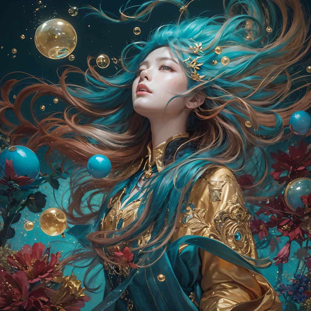 pinkblue colors，enamel，agate，A flesh-colored world，Blood Blue Maiden 32k（masterpiece，HD，Aoyama Pond，Ultra high quality，32k）long flowing bright blue hair，blood pool，Ziddink， a color，Grumpy （After greeting）， （Linen scarf）， fighting stance， looking at the ground， long white hair， Floating bright blue， Fire cloud gold headdress， Chinese long-sleeved gold silk burgundy garment， （Abstract metaverse splash：1.2）， White background，Peony flower vitality protector（realistically：1.4），bright purple hair，Smoke on the road，The background is very pure， high resolution， detail， RAW photos， Sharp Re， Nikon D850 film photo by Jefferies Lee 4 Kodak Portra 400 camera F1.6 guns, colorful, Ultra-realistic and vivid textures, dramatic lighting, Unreal Engine Art Station Trend, Sinest 800，一个有着long flowing bright blue hair的女孩，huge colorful bubbles