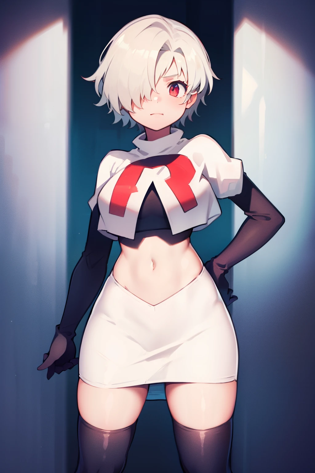 1girl, Standing, Portrait, 独奏, hair above one eye, Short hair, team rocket,team rocket uniform,white skirt,red letter R,crop top,black thigh-highs,black elbow gloves