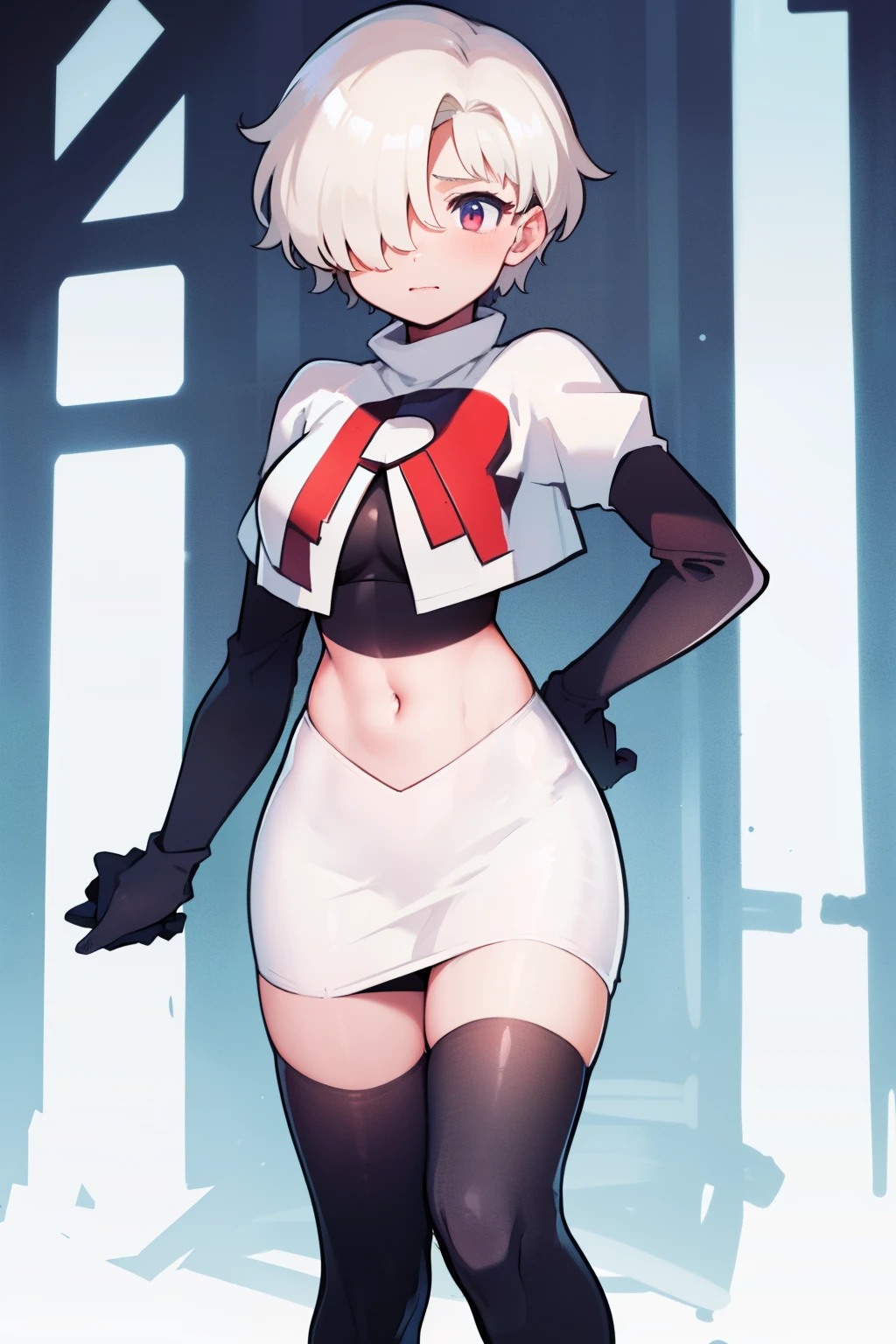 1girl, Standing, Portrait, 独奏, hair above one eye, Short hair, team rocket,team rocket uniform,white skirt,red letter R,crop top,black thigh-highs,black elbow gloves