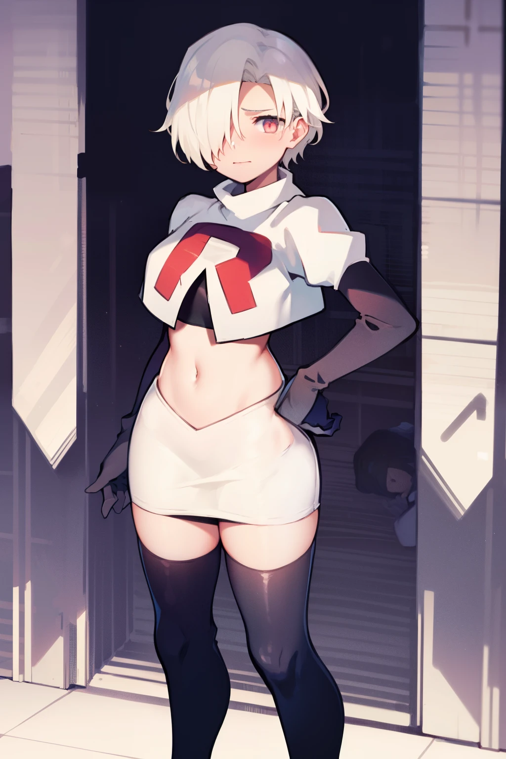 1girl, Standing, Portrait, 独奏, hair above one eye, Short hair, team rocket,team rocket uniform,white skirt,red letter R,crop top,black thigh-highs,black elbow gloves