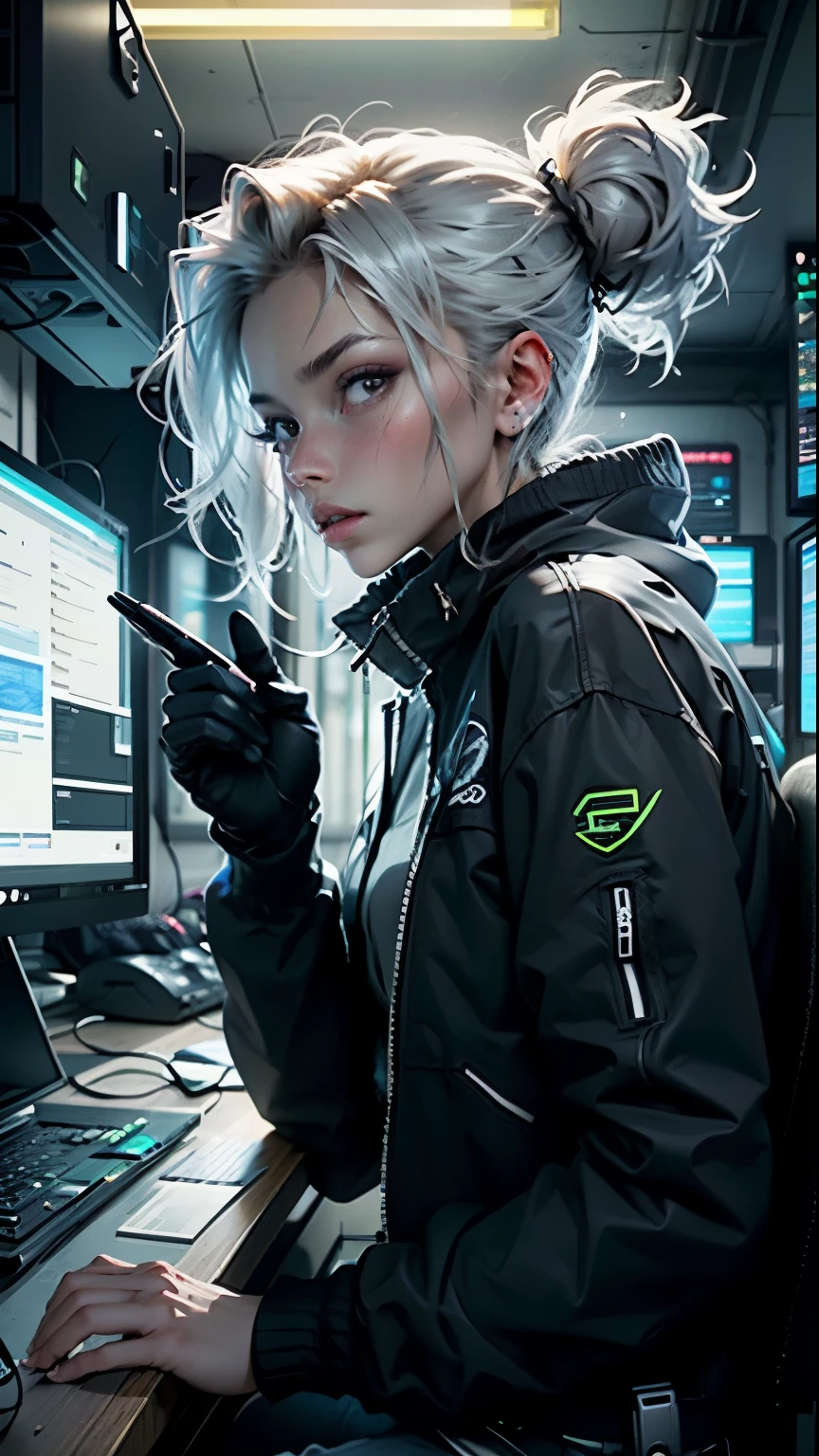 ((melhor qualidade)), ((obra de arte)), (altamente detalhado:1.3), 3D, lindo (Ciberpunk:1.3) hacker feminina com cabelos grossos e volumosos operando um terminal de computador, servidores de computador, Telas LCD, fiber optic cables, logotipos corporativos,hdr (high-range dynamics),rastreamento de raios,NVIDIA RTX,Super-resolution,Irreal 5,Subsurface Dispersion,PBR texturing,Post-processing,Anisotropic filtering,Profundidade de campo,Maximum clarity and sharpness,Texturas multicamadas,Mapas Albedo e Especulares,Surface shading,Accurate simulation of light-material interaction,perfect proportions,octane rendering,Two-tone lighting,ISO baixo,White balance,rule of thirds,Grande abertura,8K CRU,Subpixel eficiente,Subpixel Convolution,luminescent particles,