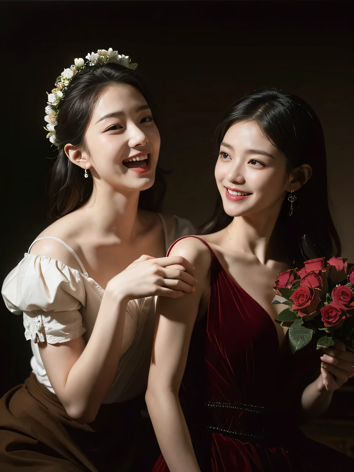 full body portrait ,flower,rose,antique,laughter,,sweet and enchanting appearance.、caravaggio painting、caravaggio'chiaroscuro,Two women having fun,cute smile, expression of ,sexy