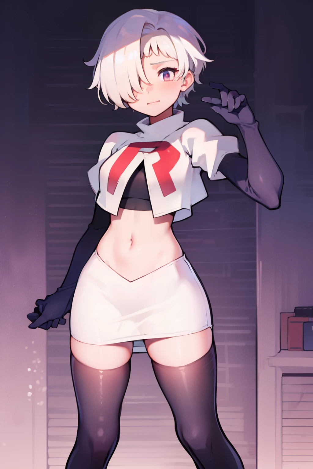 1girl, Standing, Portrait, 独奏, hair above one eye, Short hair, team rocket,team rocket uniform,white skirt,red letter R,crop top,black thigh-highs,black elbow gloves