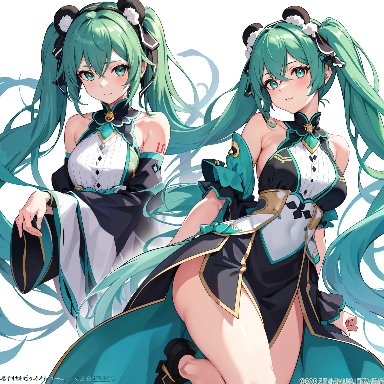 (Recommended results: masterpiece, best quality)
Admire the enchanting portrait of Hatsune Miku, (masterpiece, best quality, best quality, official art), showcasing her beautiful and intricately designed features. (1 girl: 1.3)
Her slender figure is accentuated by the flowy, puffy sleeves of her Phoenix dress, which cascades down her body. (Detailed background)
Resting her elongated ears adorned with panda patterns on her shoulder, she tilts her head back, revealing her vivid, expressive eyes. (Many colors: 1.4)
Gently straightening her