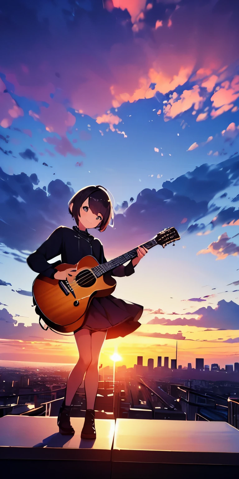 table top, highest quality,figure, wallpaper, Super detailed, absurd, 16 year old girl, alone, (medium short hair、play the guitar、smile、Overlooking the city from the top of the hill、the sunset is beautiful