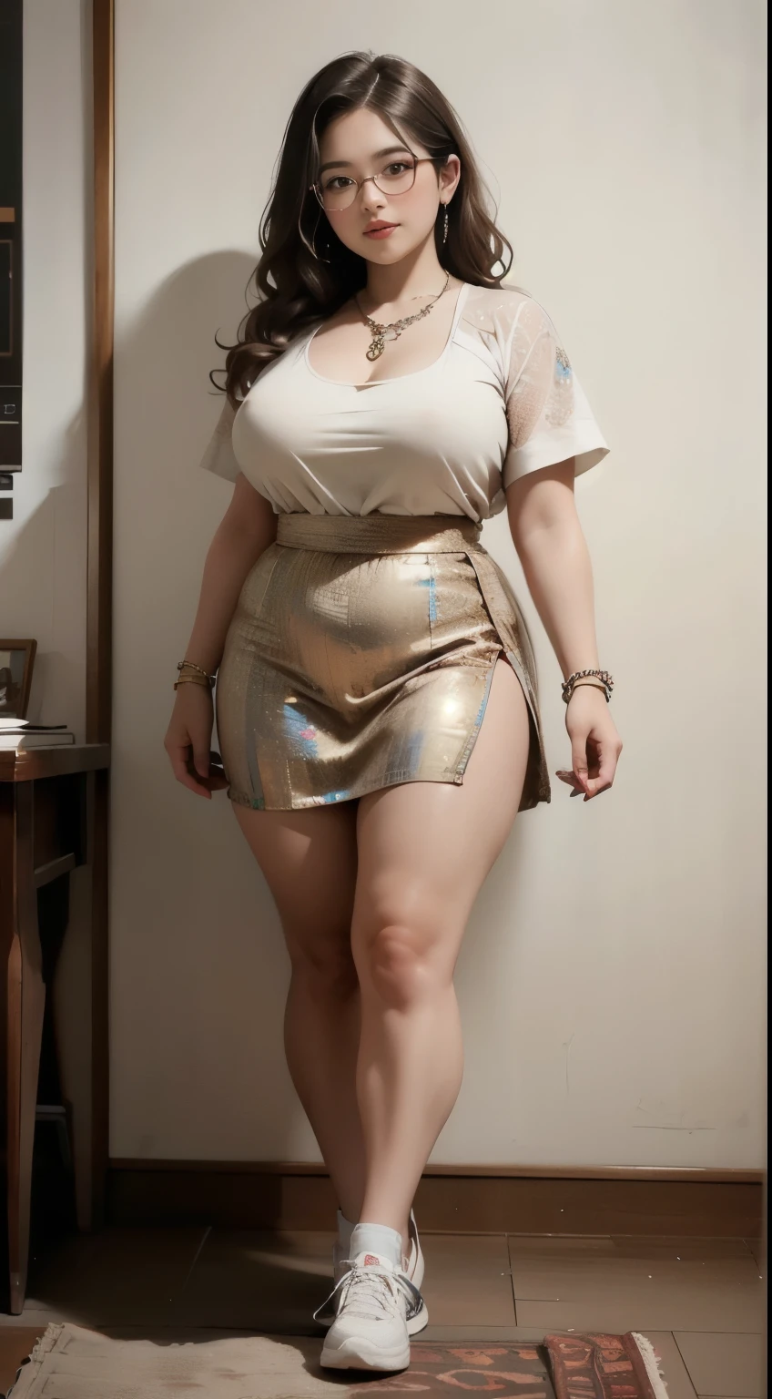 ((best quality)), ((masterpiece)), (detailed), perfect face, ((best quality)), ((masterpiece)), (detailed), perfect face, wanita chubby dewasa, wearing thight dress and thight skirt, chubby cheeks, chubby arm, chubby thighs, big breasts, wearing a sneakers, medium hair style, full body photoshoot, tattooed body , walk pose in a dark room , tattooed all over hands, glasses , wearing seven diamond bracelet , wearing diamond necklace, wearing loop in ear