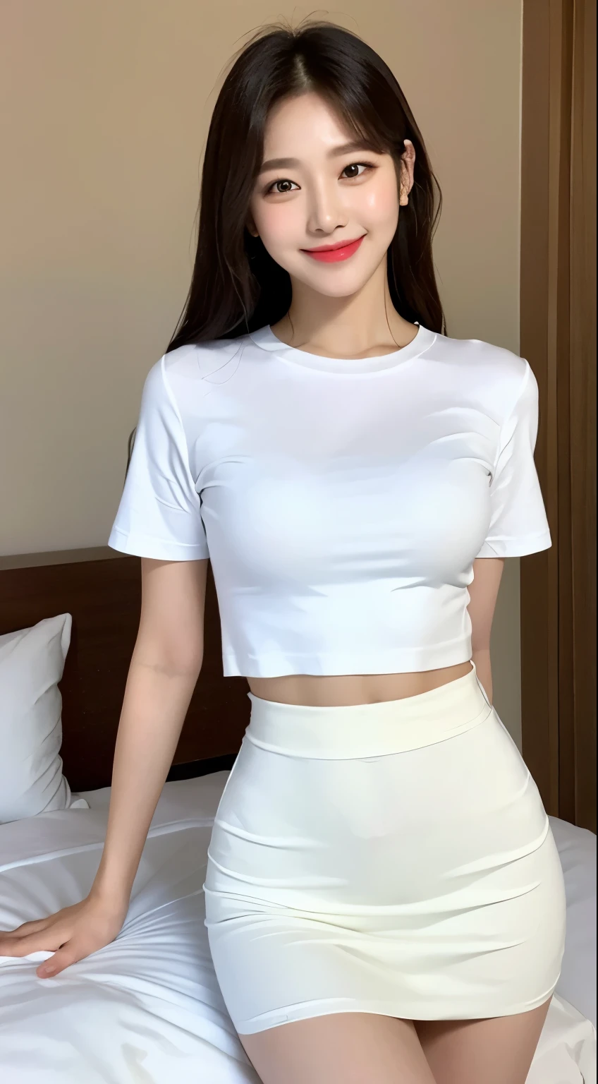 white tight shirt、white tight mini skirt、bed、smile、short sleeve、high resolution、Korean idol face