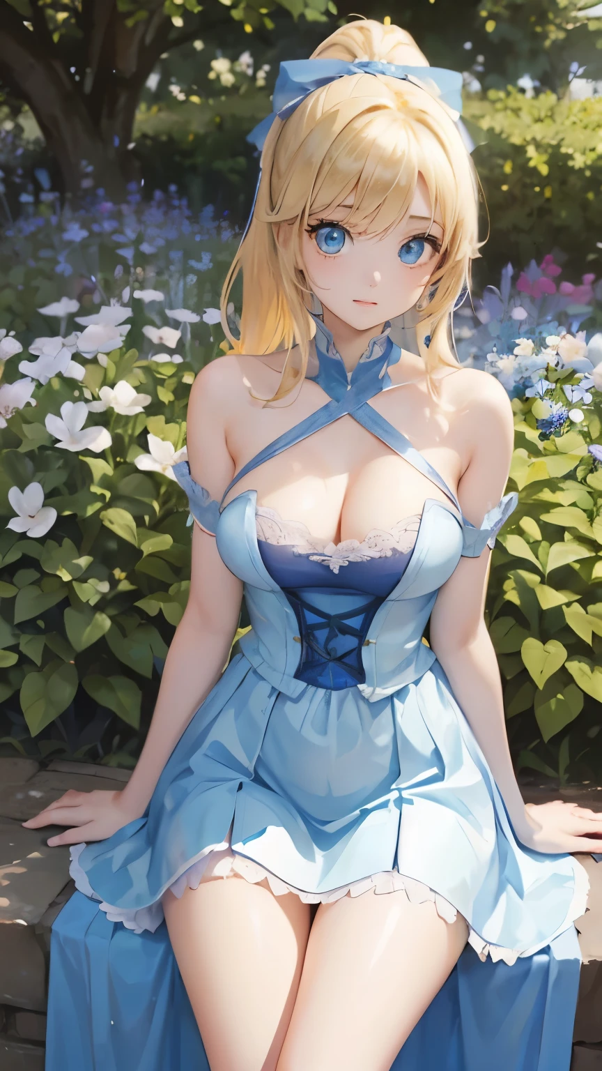 (masterpiece:1.2), (highest quality:1.2),, Curvy but slender body, perfect eyes, perfect face, perfect lighting, 1 girl, in the garden, (armor),(whole bodyが見える),(Paladin),(skirt),(sword),(ponytail),curly hair, fine clothes, detailed outdoor background, compensate, eye shadow, thick eyelashes, fantasy, looking at the viewer, whole body,alice in wonderland、blue sky、Bright and very beautiful face、young shiny glossy white shiny skin、the best beauty、the most beautiful bright blonde hair in the world、thin hair、long hair、Shining beautiful bangs、big shining blue eyes、Very beautiful and lovely 18 years old, the most beautiful girl in the world、small breasts