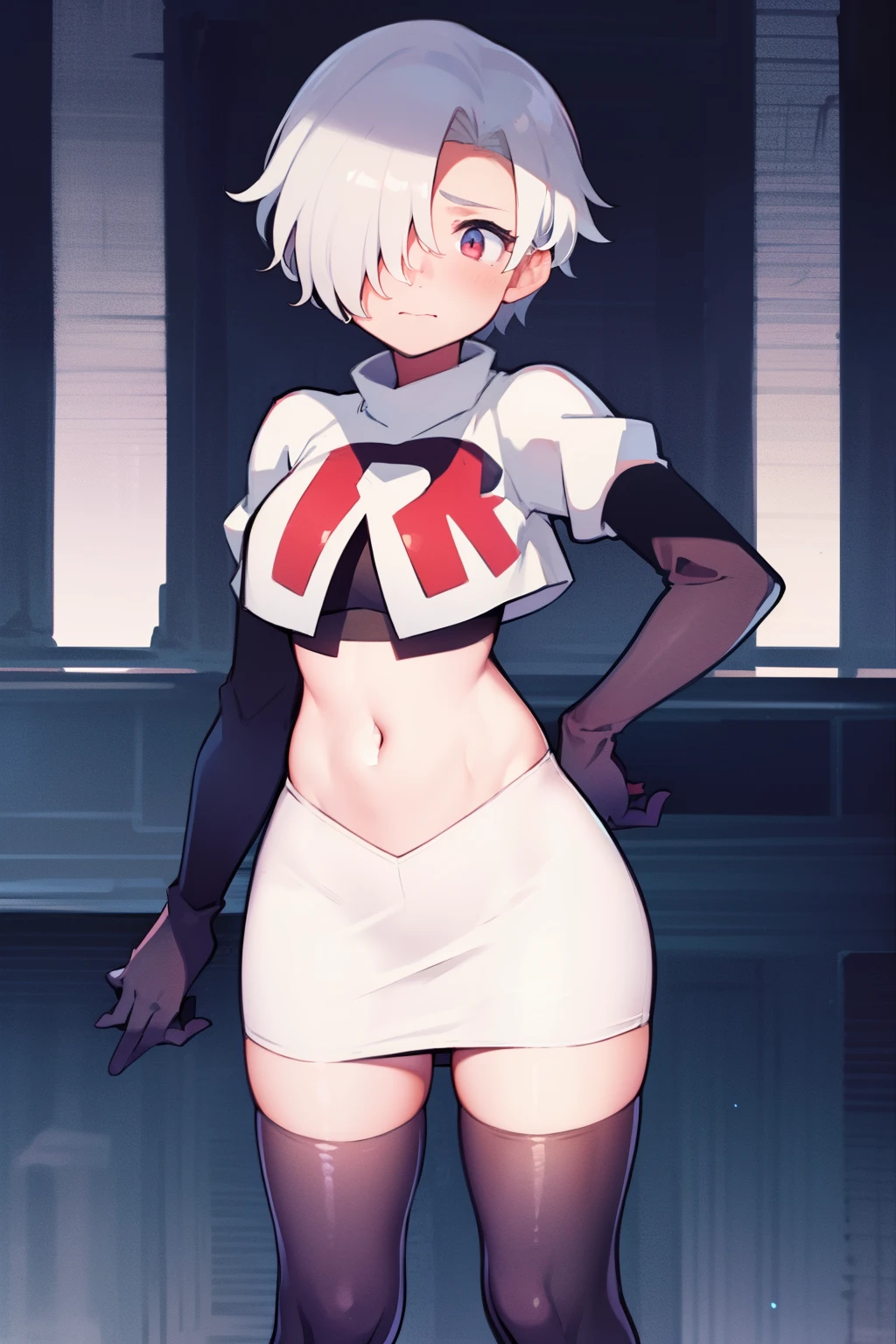 1girl, Standing, Portrait, 独奏, hair above one eye, Short hair, team rocket,team rocket uniform,white skirt,red letter R,crop top,black thigh-highs,black elbow gloves