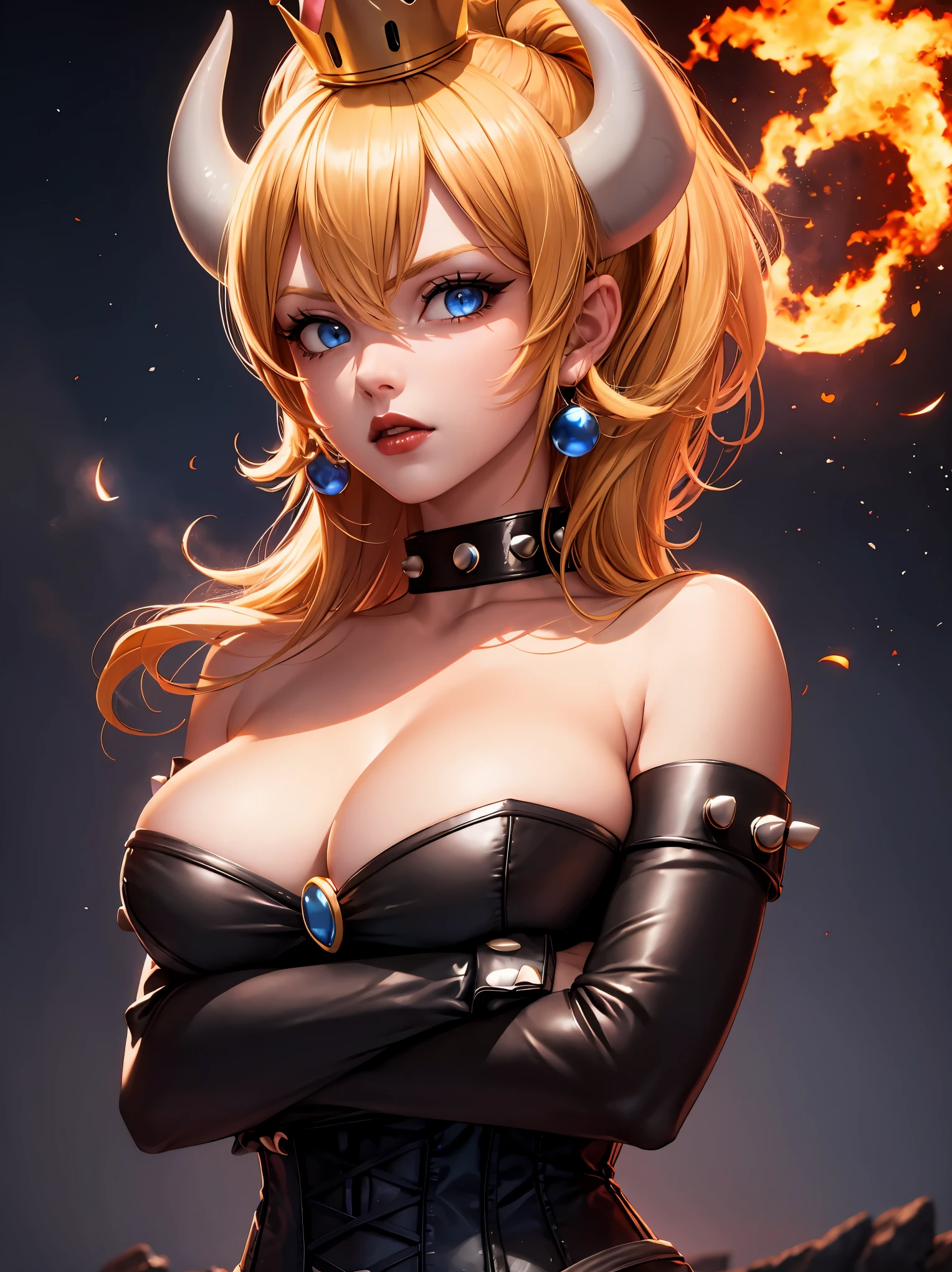 ((high detailed, best quality, 4k, masterpiece, hd:1.3)), ((best quality)), (((HD))), (((8k))), (ultraDH), (ultra HD), Princess Daisy, blue eyes, BREAK blue eyes, seductive, attractive, smooth anime cg art, 36C breasts, long legs, vivid colors, detailed digital art, slim body, perfect skin, dark blonde hair, long hair, blonde hair, blonde hair, BREAK crown, cleavage, 36C cleavage, looking at viewer, BREAK looking at viewer, extremely detailed face, red santa suit, red santa claus suit, santa claus suit, earrings, gem, dark black makeup lips, dark gothic eyeshadows, dark eyeshadows, black eyeshadows, black sexy lips, black lips, (dark:1.2), dark lips, very dark lips, (perfect hands, perfect anatomy), black makeup, black medium lips, black thick lips, detailed fingers, five fingers per hand, 5 fingers, (1 girl), detailed lips, detailed black lips, black painted lips, gothic painted lips, BREAK night, night sky, (breast focus), (arms outstreched:1.2), (from above:1.1), (breasts out:1.3), (off shoulder:1.1), (white horns), (corset), inside a lava castle, she inside a sea of lava, she bathing in lava,