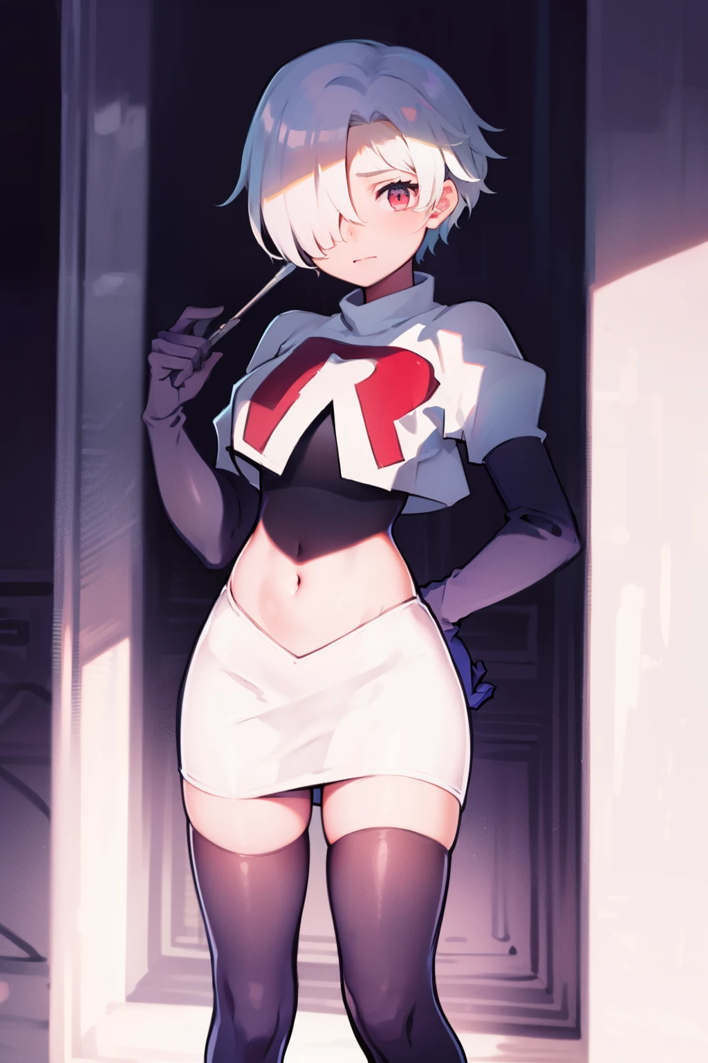 1girl, Standing, Portrait, 独奏, hair above one eye, Short hair, team rocket,team rocket uniform,white skirt,red letter R,crop top,black thigh-highs,black elbow gloves