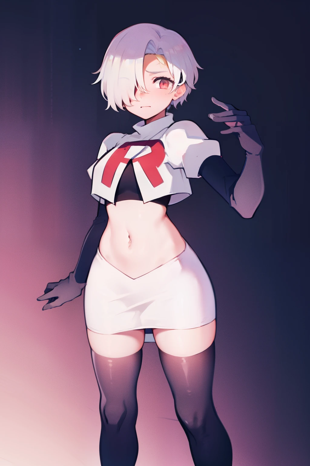 1girl, Standing, Portrait, 独奏, hair above one eye, Short hair, team rocket,team rocket uniform,white skirt,red letter R,crop top,black thigh-highs,black elbow gloves