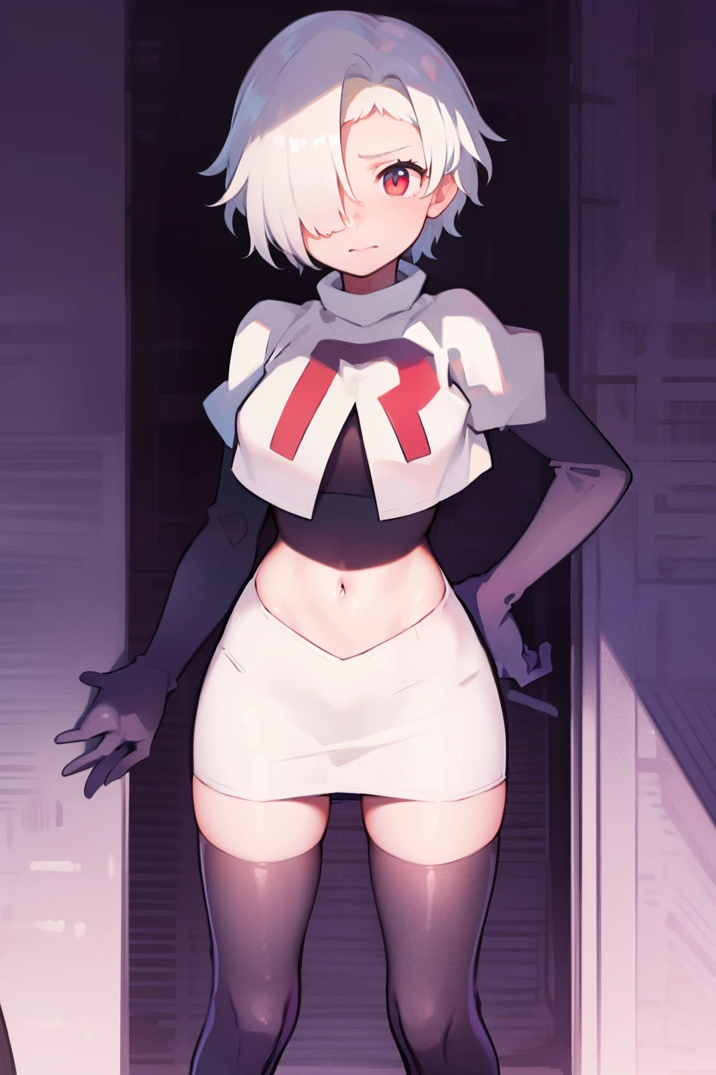 1girl, Standing, Portrait, 独奏, hair above one eye, Short hair, team rocket,team rocket uniform,white skirt,red letter R,crop top,black thigh-highs,black elbow gloves