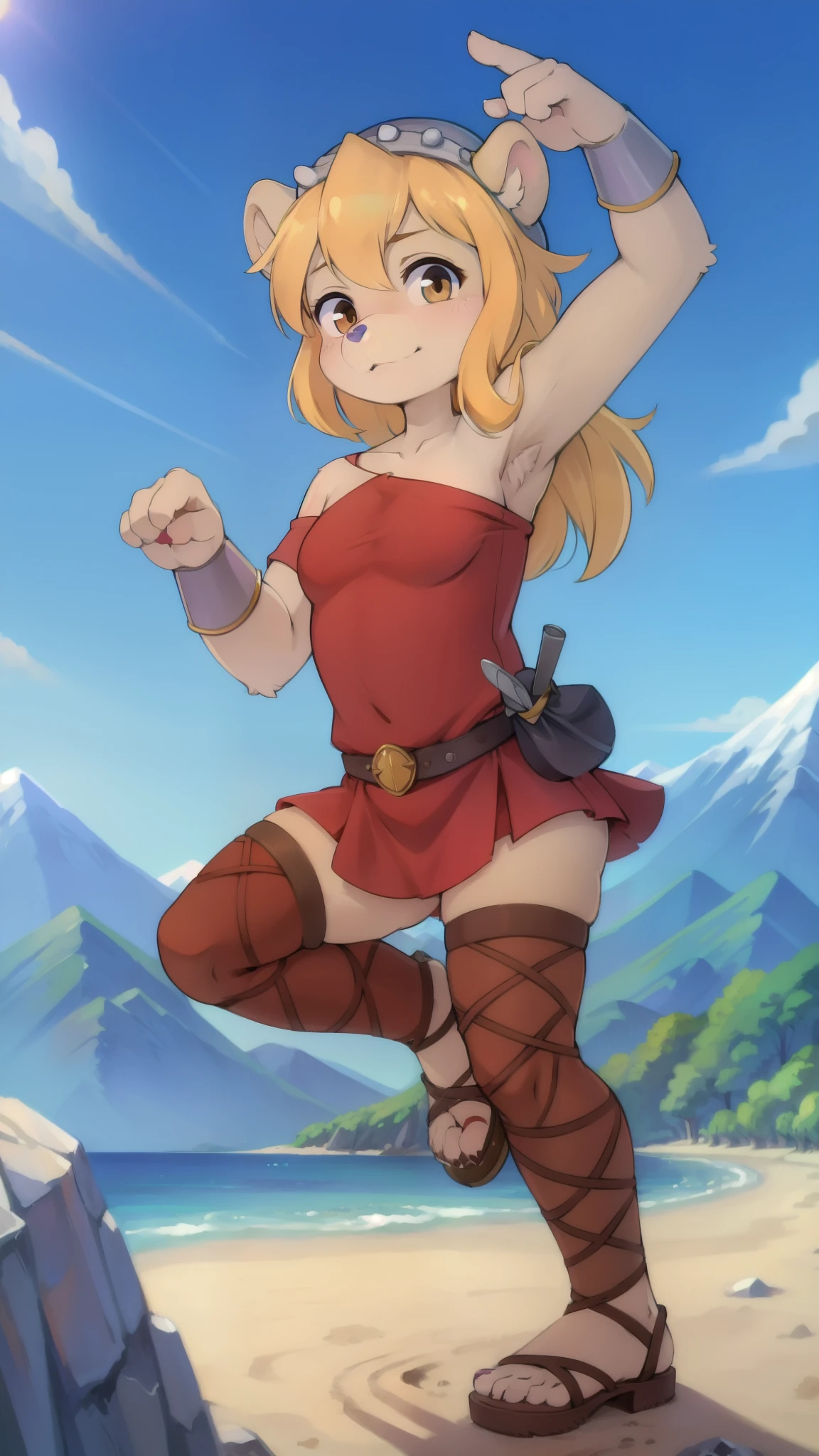 Ursa Barbic, bear, young, blonde hair, Hazel eyes, lilac nose, brown body fur, detailed face, detailed eyes, detailed body fur, glistering body, shiny body, gorgeous body, masterpiece, full body, feets whit three toes, ((red clothing, dress, off shoulder, helmet, bracers, belt, belt pouch, legwear, sandals)), fight pose, action, (holding a short sword), :3, mountain, clear sky, looking at you, warrior,