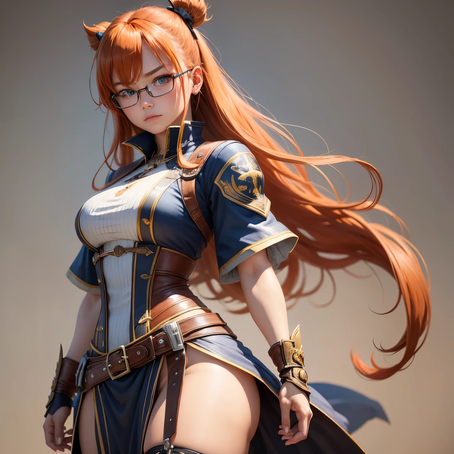 8k, masterpiece, best quality, realistic, higly detailed, cowboy shot, 1girl, solo, Itsuki Nakano, serious looking girl, medium-length hair, expressive ahoge, reddish-orange hair colour, a pair of star-shaped hairpins near both of her eyes, dark blue eyes, average height, well-endowed figure, wears glasses, cute, Mortal Kombat