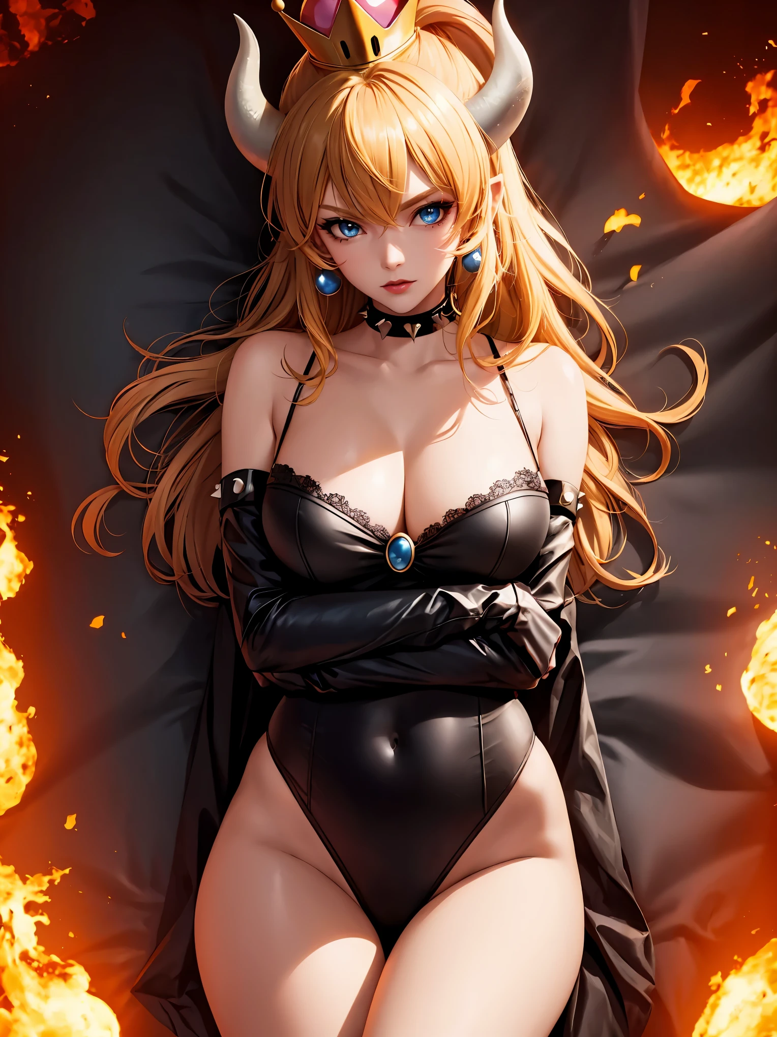 ((high detailed, best quality, 4k, masterpiece, hd:1.3)), ((best quality)), (((HD))), (((8k))), (ultraDH), (ultra HD), Princess Daisy, blue eyes, BREAK blue eyes, seductive, attractive, smooth anime cg art, 36C breasts, long legs, vivid colors, detailed digital art, slim body, perfect skin, dark blonde hair, long hair, blonde hair, blonde hair, BREAK crown, cleavage, 36C cleavage, looking at viewer, BREAK looking at viewer, extremely detailed face, red santa suit, red santa claus suit, santa claus suit, earrings, gem, dark black makeup lips, dark gothic eyeshadows, dark eyeshadows, black eyeshadows, black sexy lips, black lips, (dark:1.2), dark lips, very dark lips, (perfect hands, perfect anatomy), black makeup, black medium lips, black thick lips, detailed fingers, five fingers per hand, 5 fingers, (1 girl), detailed lips, detailed black lips, black painted lips, gothic painted lips, BREAK night, night sky, (breast focus), (arms outstreched:1.2), (from above:1.1), (breasts out:1.3), (off shoulder:1.1), (white horns), (lingerie), inside a lava castle, she inside a sea of lava, she bathing in lava,