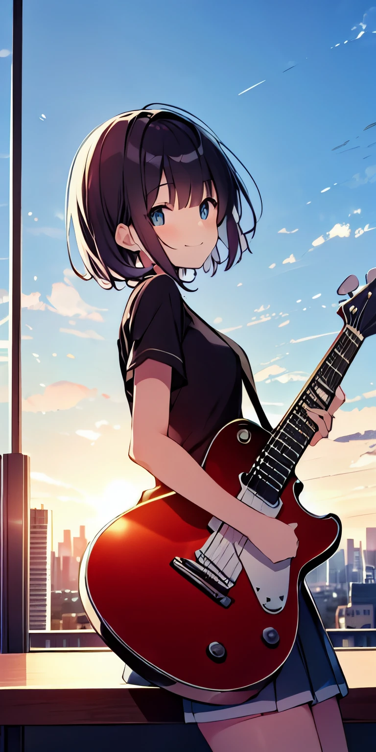 table top, highest quality,shape, wallpaper, Super detailed, absurd, 16 year old girl, alone, (medium short hair、play the guitar、smile、Overlooking the city from the top of the hill、that&#39;Beautiful just before the sun sets
