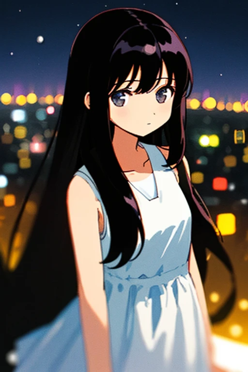 illustration, 1 👧➕🙂, upper body, Eye's➕🌌, looking at viewer, (Fine and straight long hair➕Black hair), The background can be seen between the fine hair, thin line, collarbone, Plain white dress, sleeveless, Simple clothes without decoration, Delicately detailed and delicately drawn, Roughly drawn lines, Roughly painted colors, (🏙️➕🌃:1.2), Bokeh, Blurred Backgrounds, depth of field, Aerial perspective, Roughly simplified and drawn background,