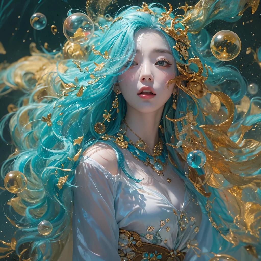 pinkblue colors,enamel,agate,A flesh-colored world,Blood Blue Maiden 32k(masterpiece,HD,Aoyama Pond,Ultra high quality,32k)long flowing bright blue hair,blood pool,Ziddink, a color,Grumpy (After greeting), (Linen scarf), fighting stance, looking at the ground, long white hair, Floating bright blue, Fire cloud gold headdress, Chinese long-sleeved gold silk burgundy garment, (Abstract metaverse splash:1.2), White background,Peony flower vitality protector(realistically:1.4),bright purple hair,Smoke on the road,The background is very pure, high resolution, detail, RAW photos, Sharp Re, Nikon D850 film photo by Jefferies Lee 4 Kodak Portra 400 camera F1.6 guns, colorful, Ultra-realistic and vivid textures, dramatic lighting, Unreal Engine Art Station Trend, Sinest 800,一个有着long flowing bright blue hair的女孩,huge colorful bubbles