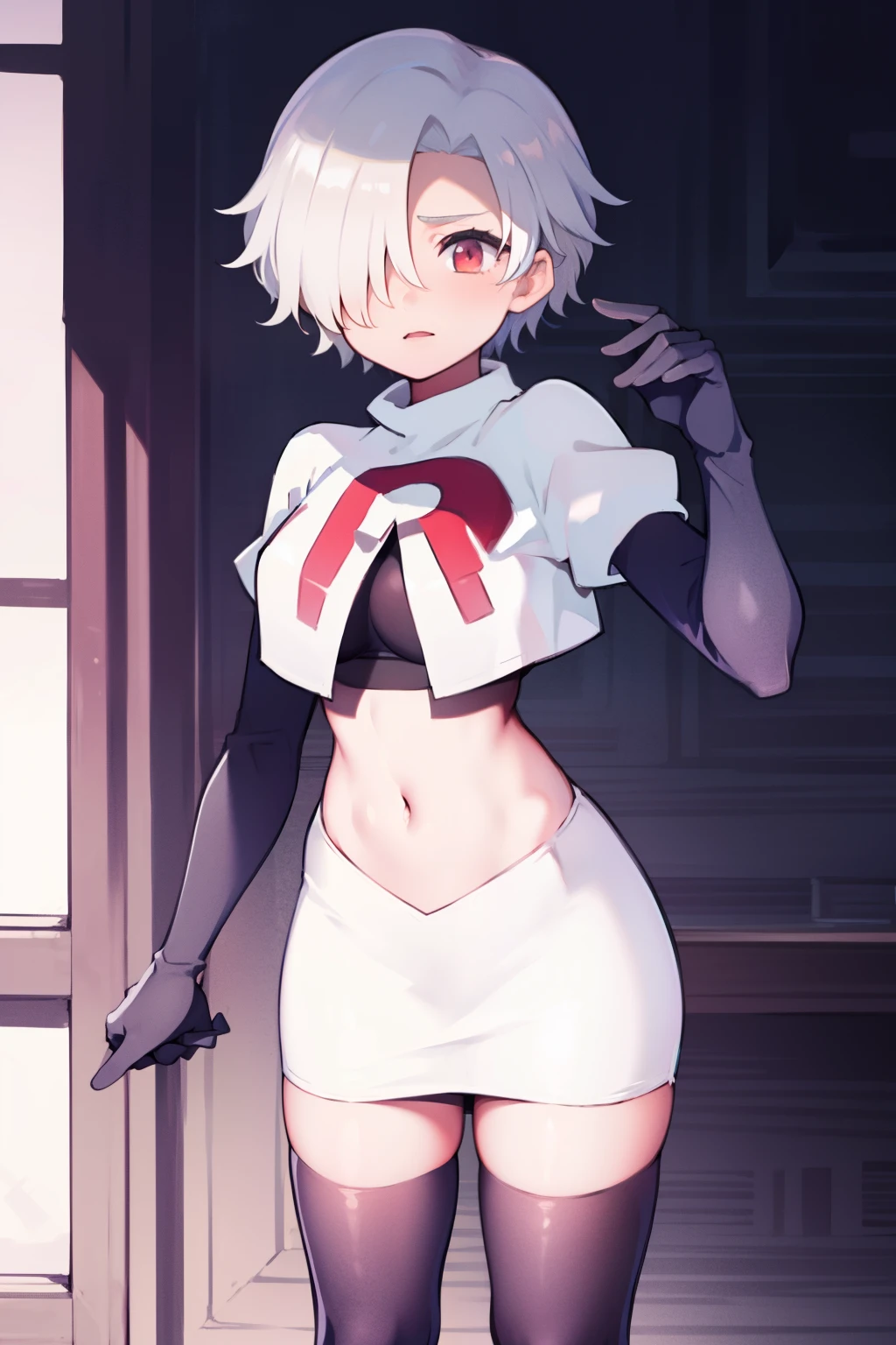 1girl, Standing, Portrait, 独奏, hair above one eye, Short hair, team rocket,team rocket uniform,white skirt,red letter R,crop top,black thigh-highs,black elbow gloves