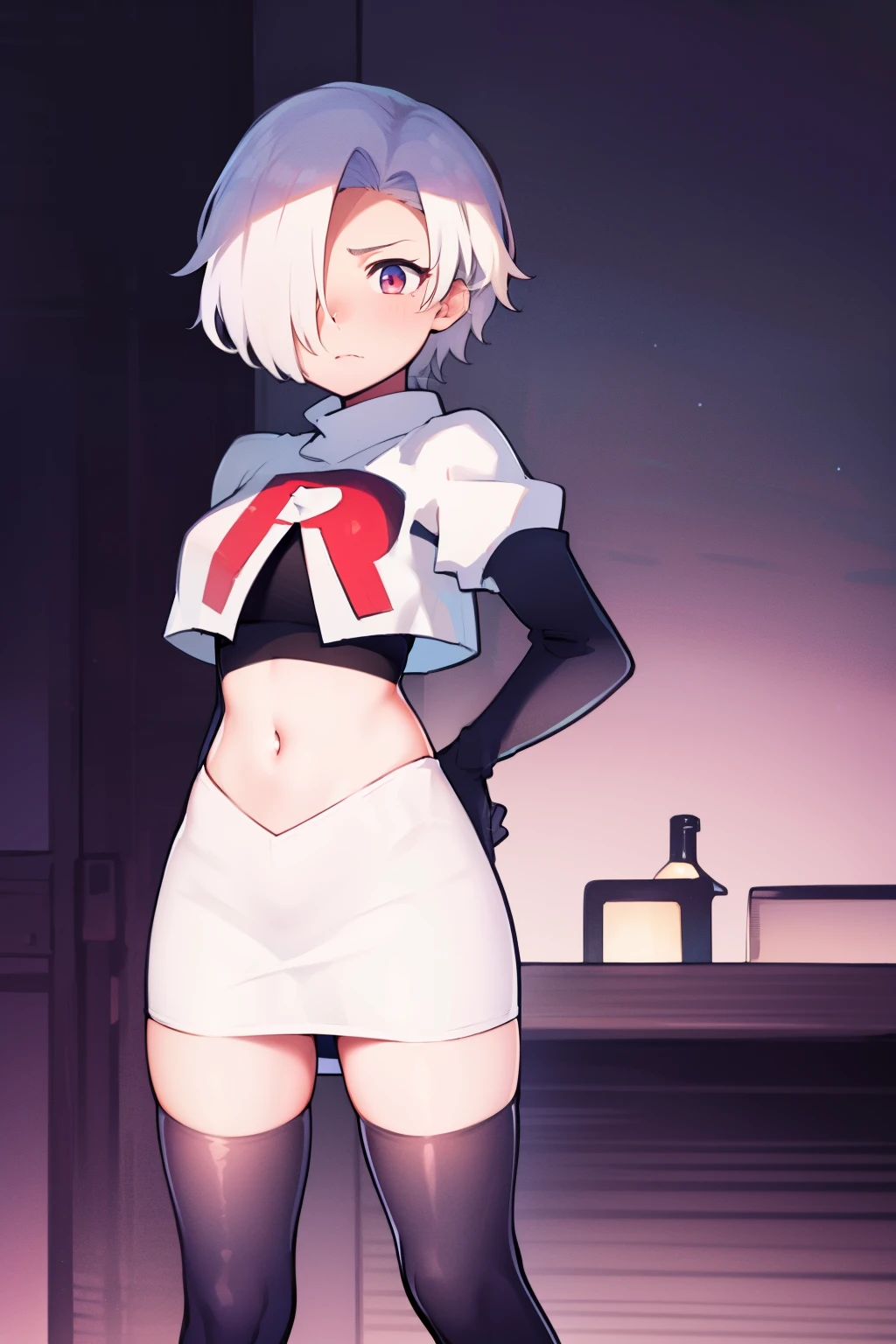 1girl, Standing, Portrait, 独奏, hair above one eye, Short hair, team rocket,team rocket uniform,white skirt,red letter R,crop top,black thigh-highs,black elbow gloves