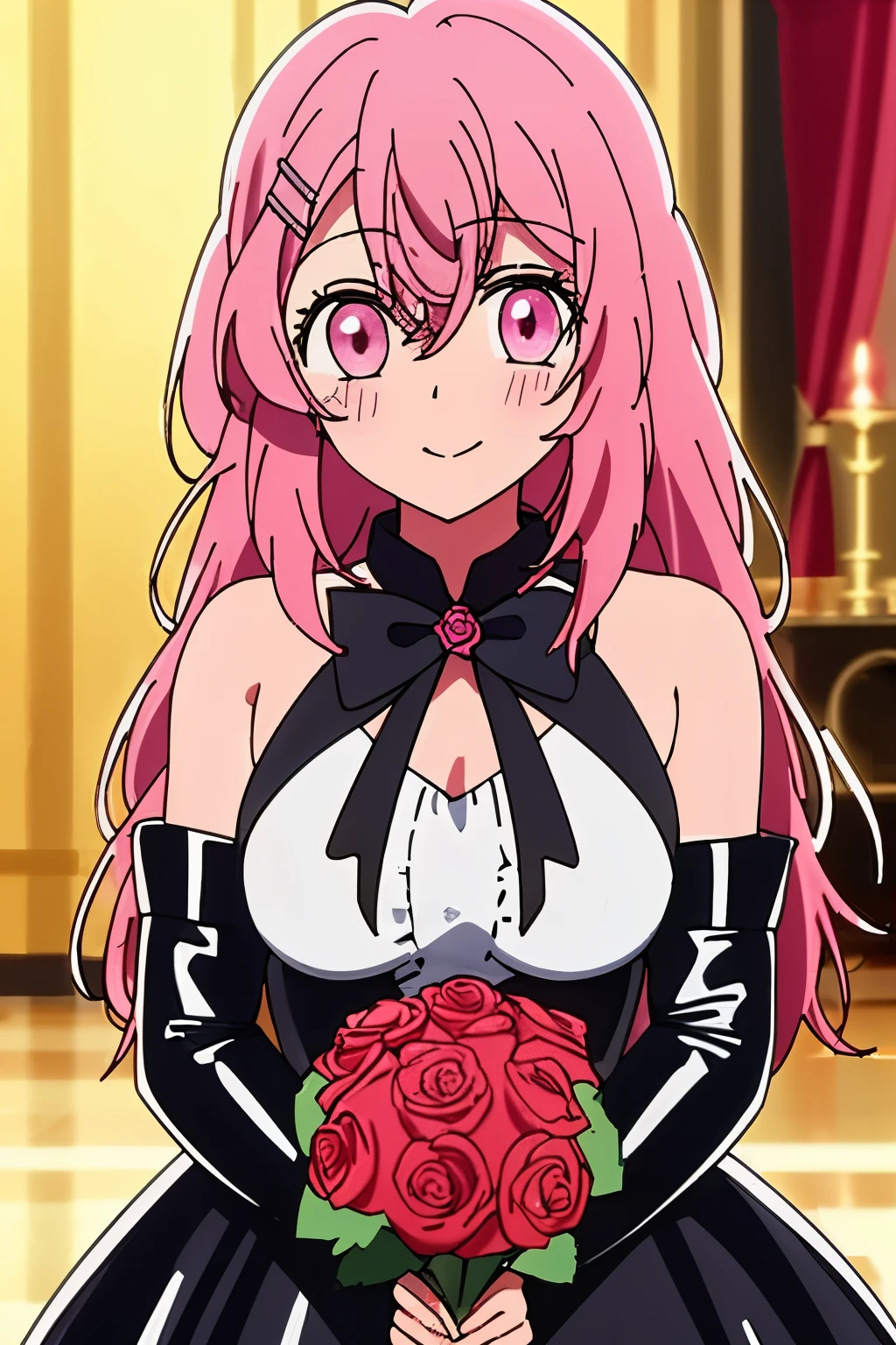 masterpiece, best quality, 1girl, kotobuki_minami, pink_eyes, solo, closed mouth, blush, smile, bare shoulders, breasts, black latex dress, wedding latex dress, holding rose bouquet,  yellow background, cowboy shot