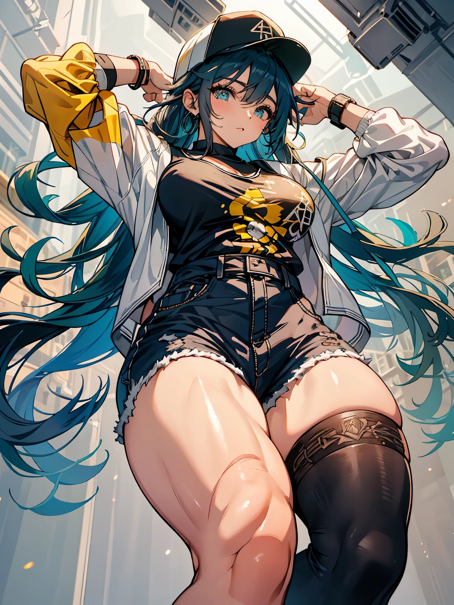 nome Tetsuya, obra de arte, melhor qualidade, 1 garota, water eyes, baseball cap, cabelo loiro, boca fechada, brincos, fundo verde, tem, hoop brincos, joia, olhando para o espectador, camisa, cabelo curto, fundo simples, Sozinho, tronco, yellow camisa big ass, thick muscle body