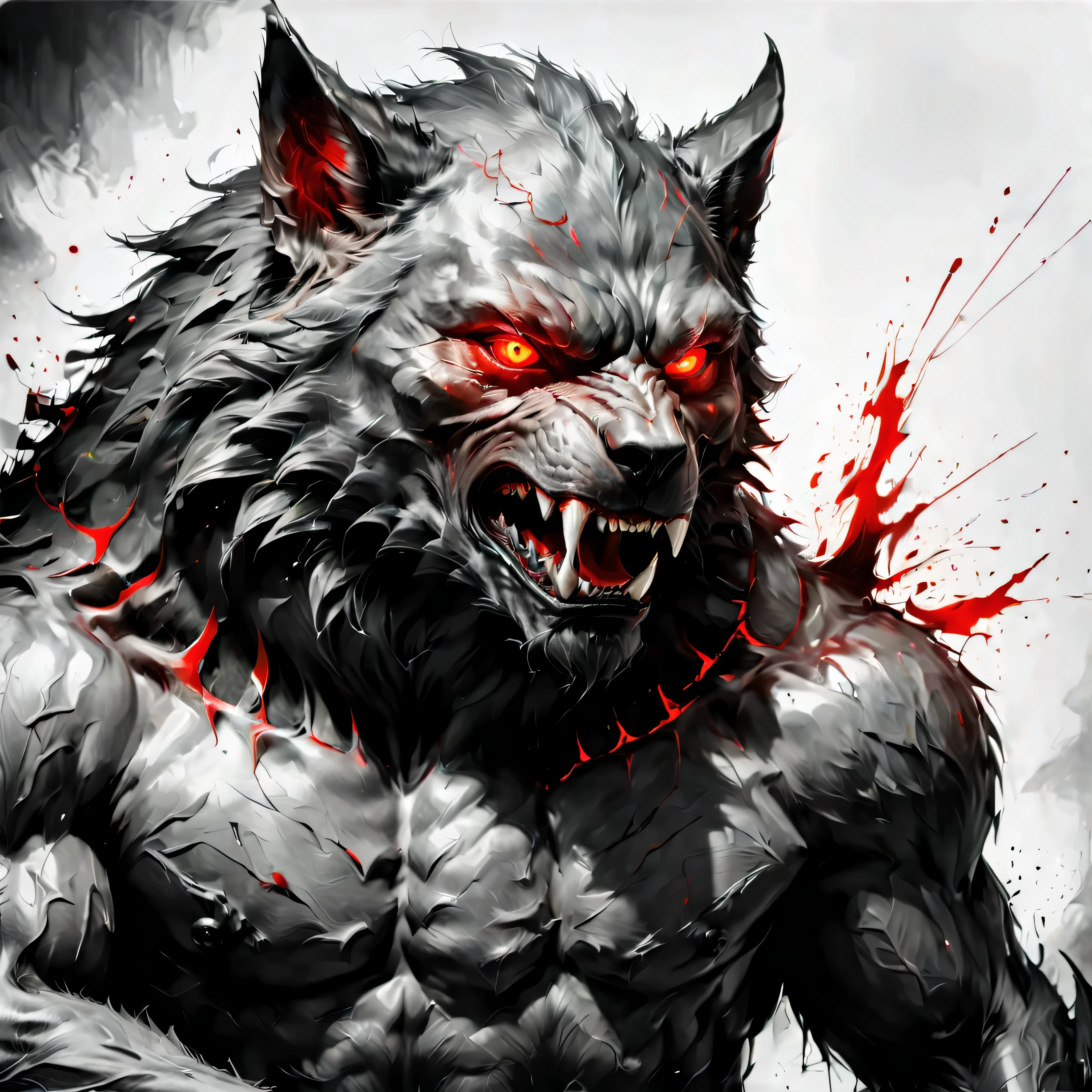 ((Selective color)), Drawing of Werewolf with Red Eye, smooth lines, fine art piece, Express expressions and postures through ink contrast, emphasize light, shadow and space. figurative art, (best quality, 4K, 8k, high resolution,masterpiece:1.2) ,(actual, photoactual, photo-actual:1.37). 