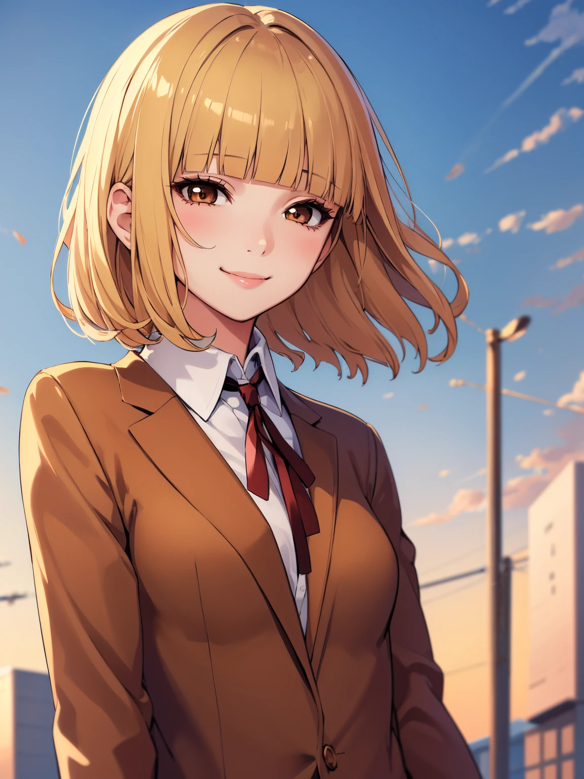 (masterpiece,best quality, detailed), 1girl, solo, outdoors, evening, upper body, smile, closed mouth, squinting, eyelashes, midorikawa hana, brown jacket, neck ribbon, collared shirt, school uniform