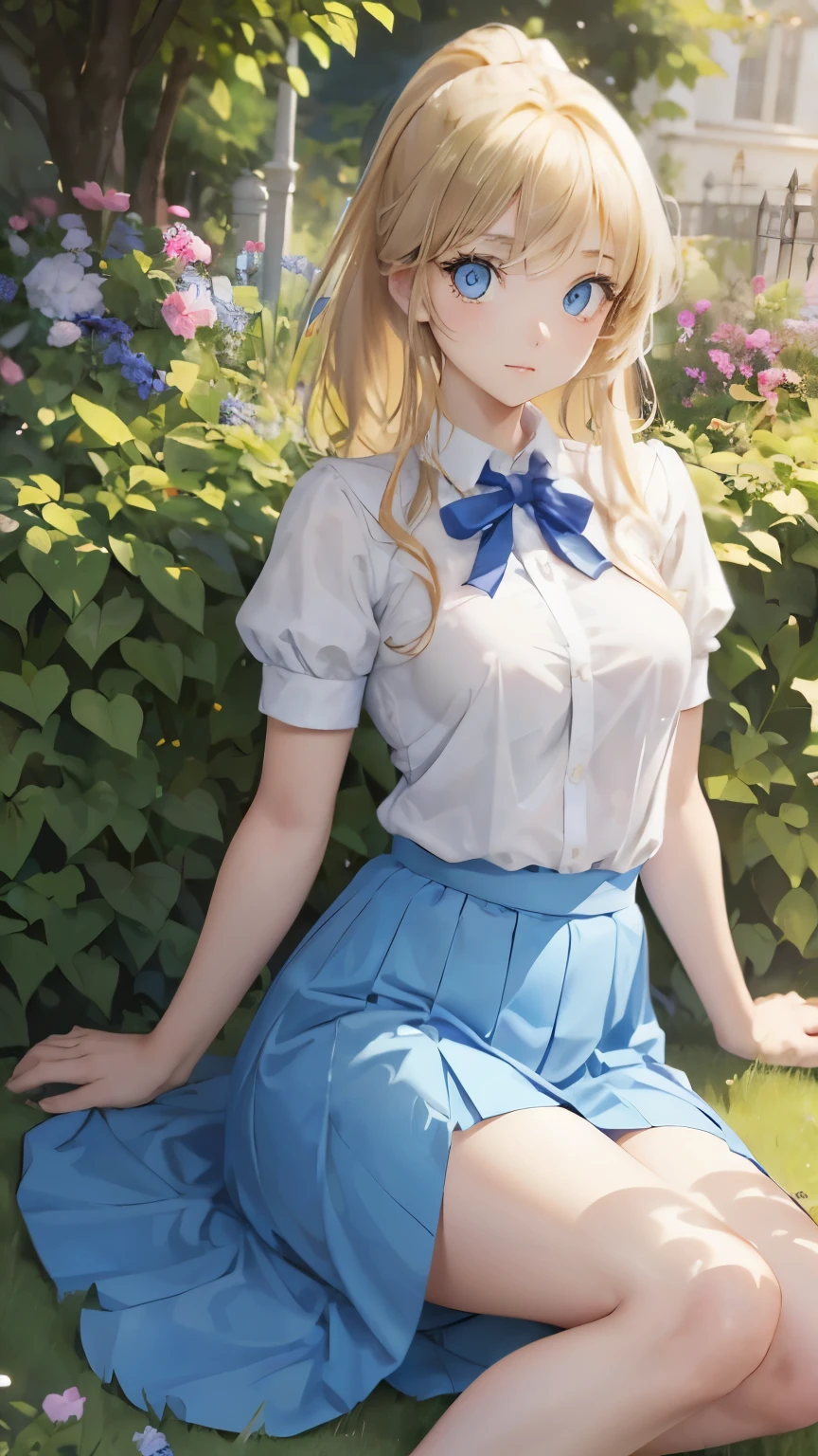 (masterpiece:1.2), (highest quality:1.2),, Curvy but slender body, perfect eyes, perfect face, perfect lighting, 1 girl, in the garden, (cool),(whole bodyが見える),(sexy),(skirt),(uniform),(ponytail),curly hair, fine clothes, detailed outdoor background, compensate, eye shadow, thick eyelashes, fantasy, looking at the viewer, whole body,alice in wonderland、blue sky、Bright and very beautiful face、young shiny glossy white shiny skin、the best beauty、the most beautiful bright blonde hair in the world、thin hair、long hair、Shining beautiful bangs、big shining blue eyes、Very beautiful and lovely 18 years old, the most beautiful girl in the world、small breasts