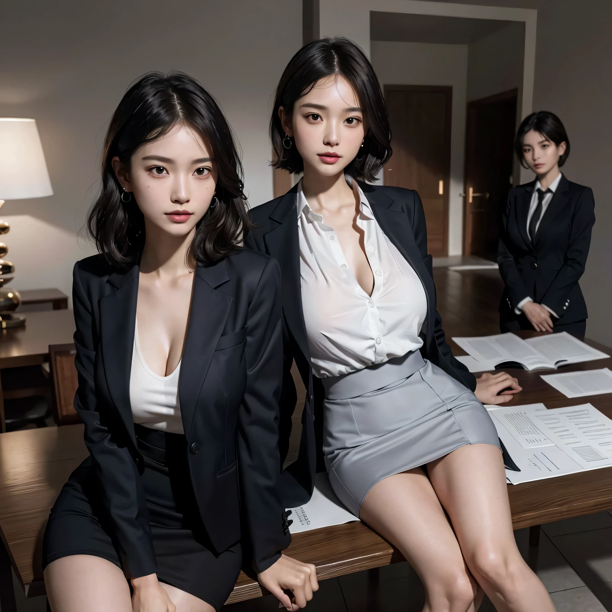 disorganized, RAW photo, very delicate and beautiful, masterpiece, highest quality, ultra high resolution, 16k, surreal, super detailed, perfect ???????, super dense skin, perfect figure, Highly detailed CG 8k wallpaper, 20&#39;s, very slim body, tight waist, very small head, very small face, delicate facial features, tearful mole, earrings, thin legs, (very huge round breasts:1.2), (full body shot:0.8), (3 girls:1.1), short hair, wavy hair, (suit:1.1), (blazer:1.2), skirt, (dress shirt:1.1),