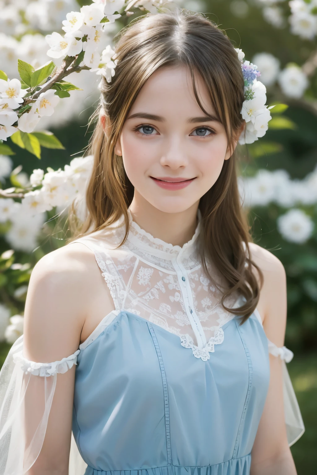 Masterpiece, Best quality, 8k, 18 ans, Photo brute, absurdes, Award-winning portrait, sourire, sourire, pure, french, elegant light blue dress, spring, , orchard in bloom, laces, famous singer