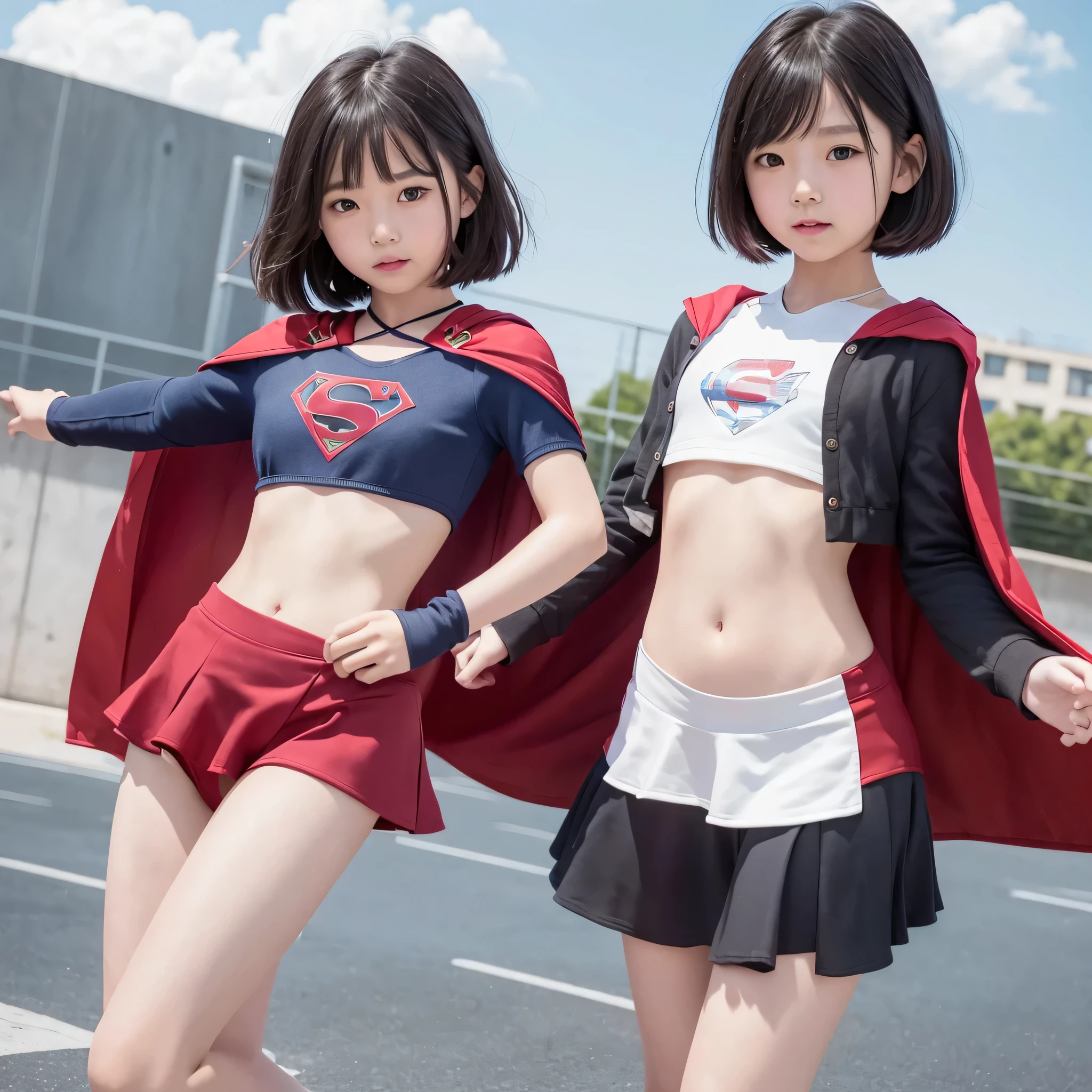 A very elementary school student is wearing Supergirl clothes..、clear pictureasterpiece、highest quality、Spreading black hair、bob cut with trimmed ends、(flat chest)、con、blue clothes、red cloak、short sleeve、belly button、many pink hearts、tropical beach、(whole body)、smile、10 y