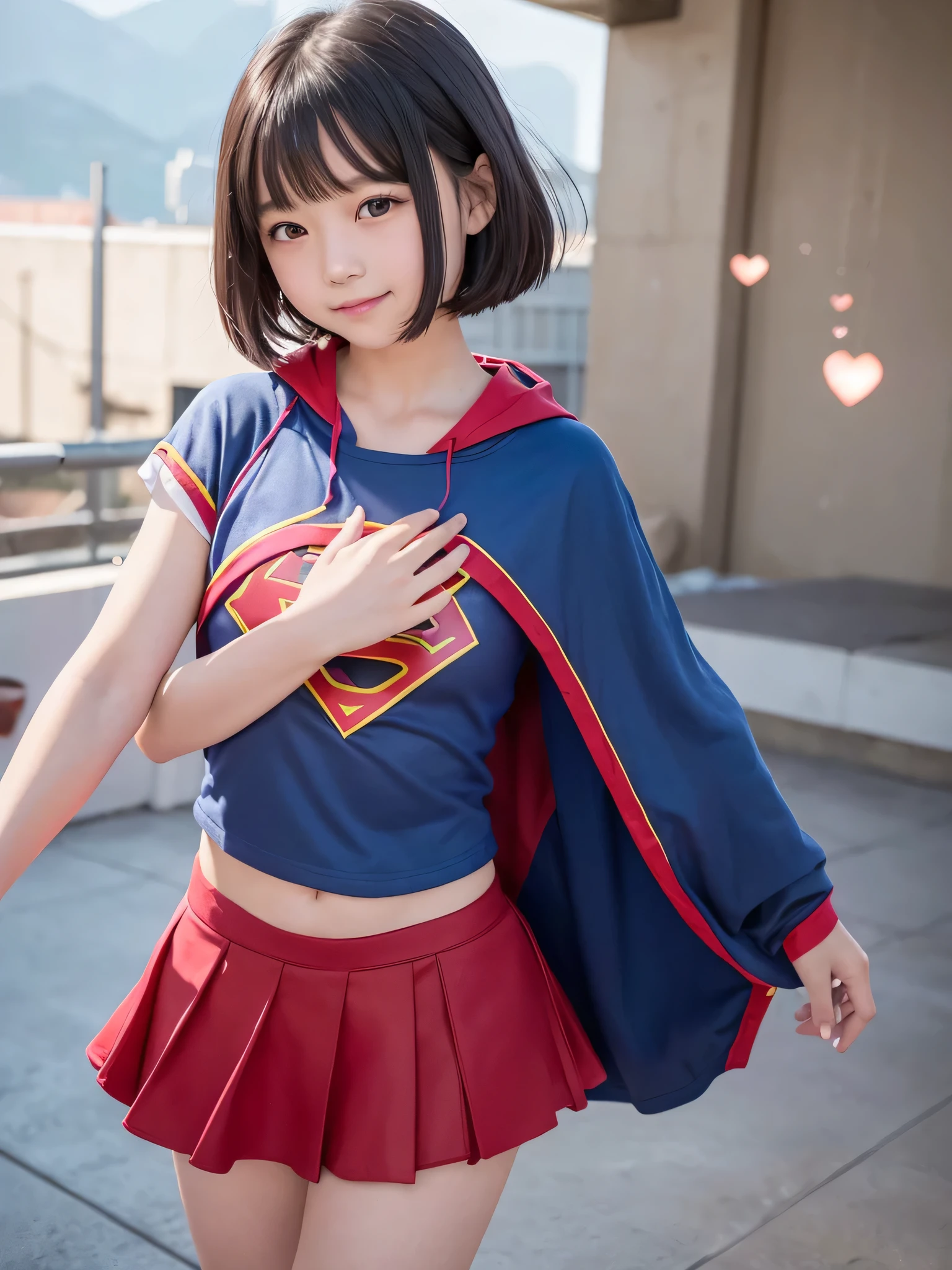 A very elementary school student is wearing Supergirl clothes..、masterpiece、highest quality、Spreading black hair、bob cut with trimmed ends、(flat chest)、con、red cloak、belly button、Glowing heart particles dance in the air、Rooftop background with pool、(whole body)、smile、