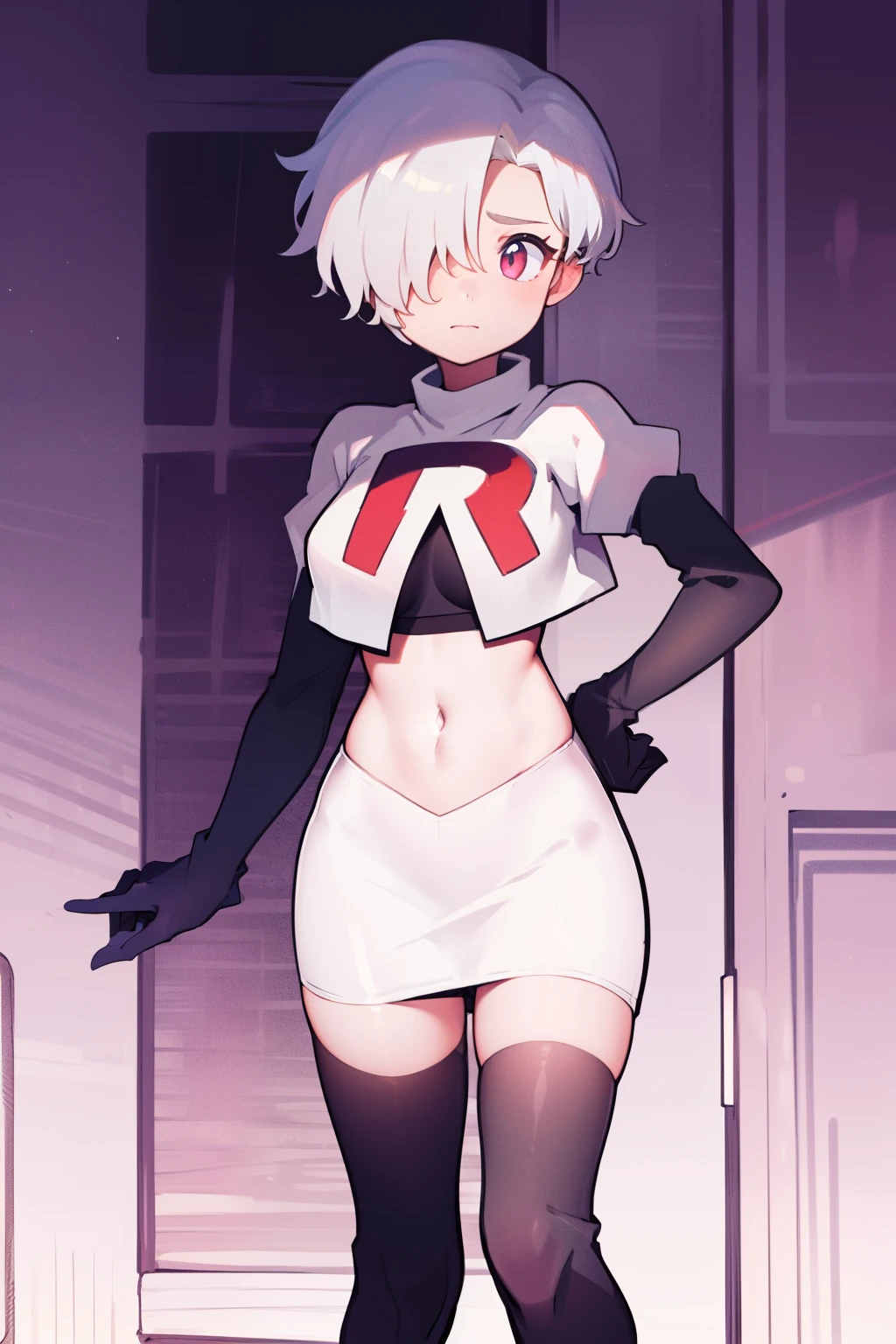 1girl, Standing, Portrait, 独奏, hair above one eye, Short hair, team rocket,team rocket uniform,white skirt,red letter R,crop top,black thigh-highs,black elbow gloves